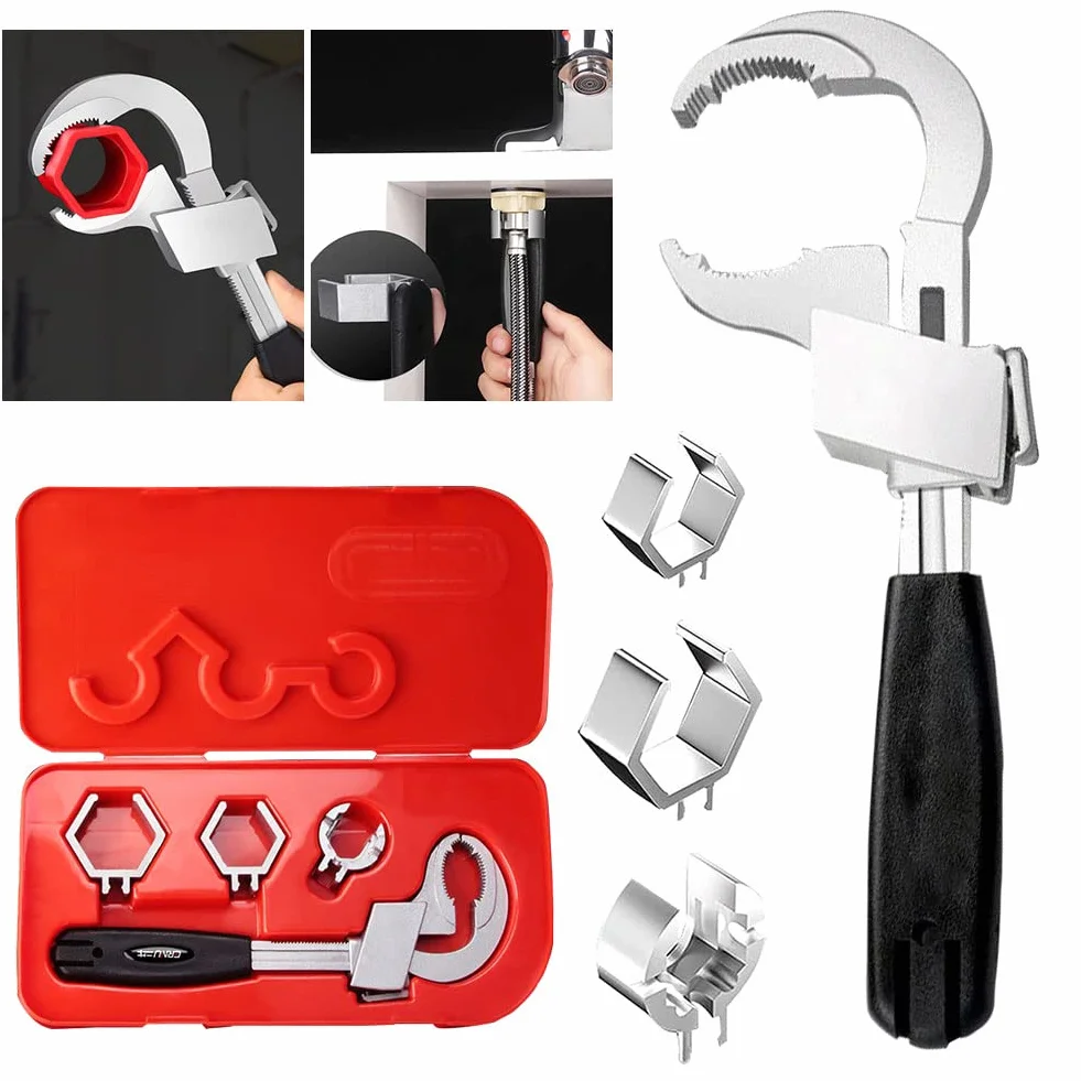 Llave universal ajustable de doble extremo, llave de doble boca ajustable multifunción con 3 cabezales de repuesto, juego de herramientas de reparación para grifo, baño, cocina