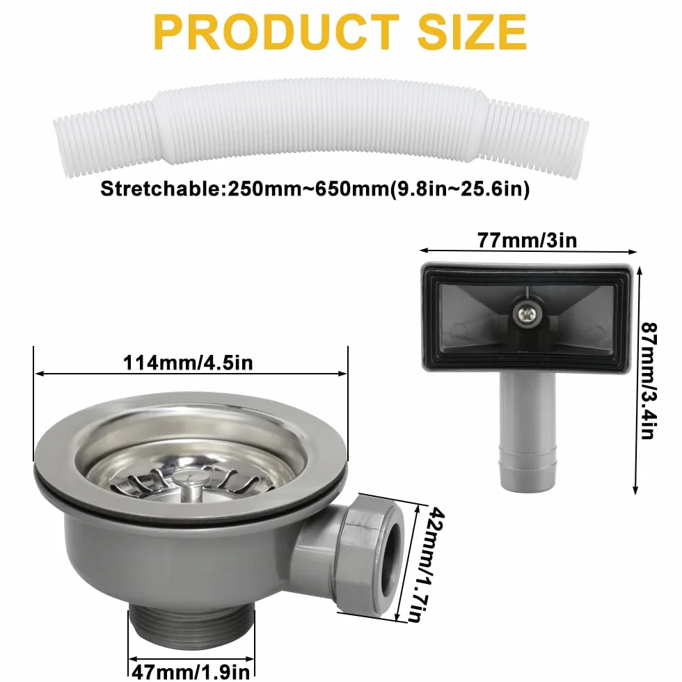 Válvula Desagüe Fregadero Cocina 114 mm Acero Inoxidable G1 1/2" Rebosadero Colador