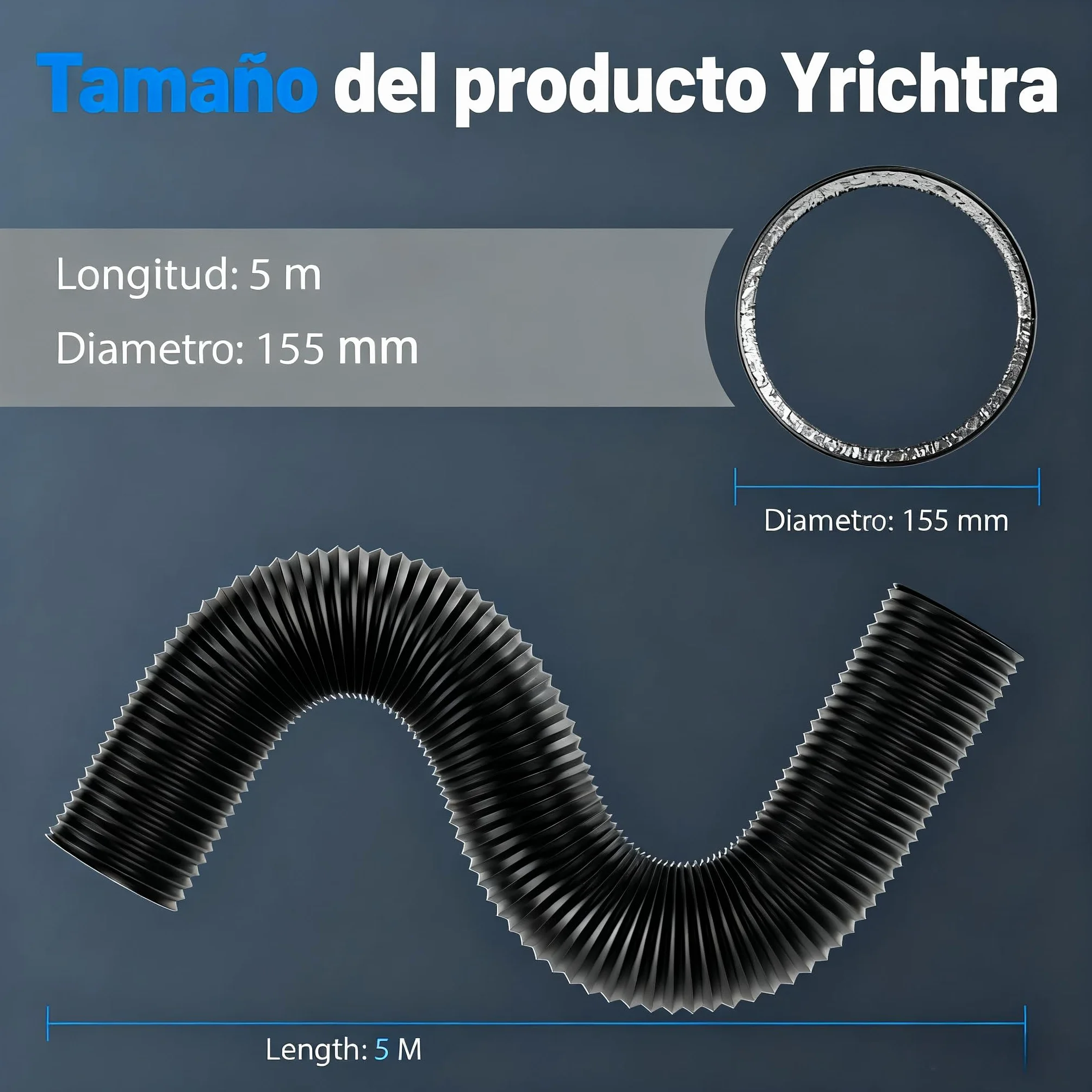Tubo Ventilación 150mm 5m Negro, Tubo Flexible Aluminio 5 Capas, Silencioso y Resistente al Calor, con Abrazaderas, para Aire Acondicionado Portátil, Cocina, Extractor y Ventilación