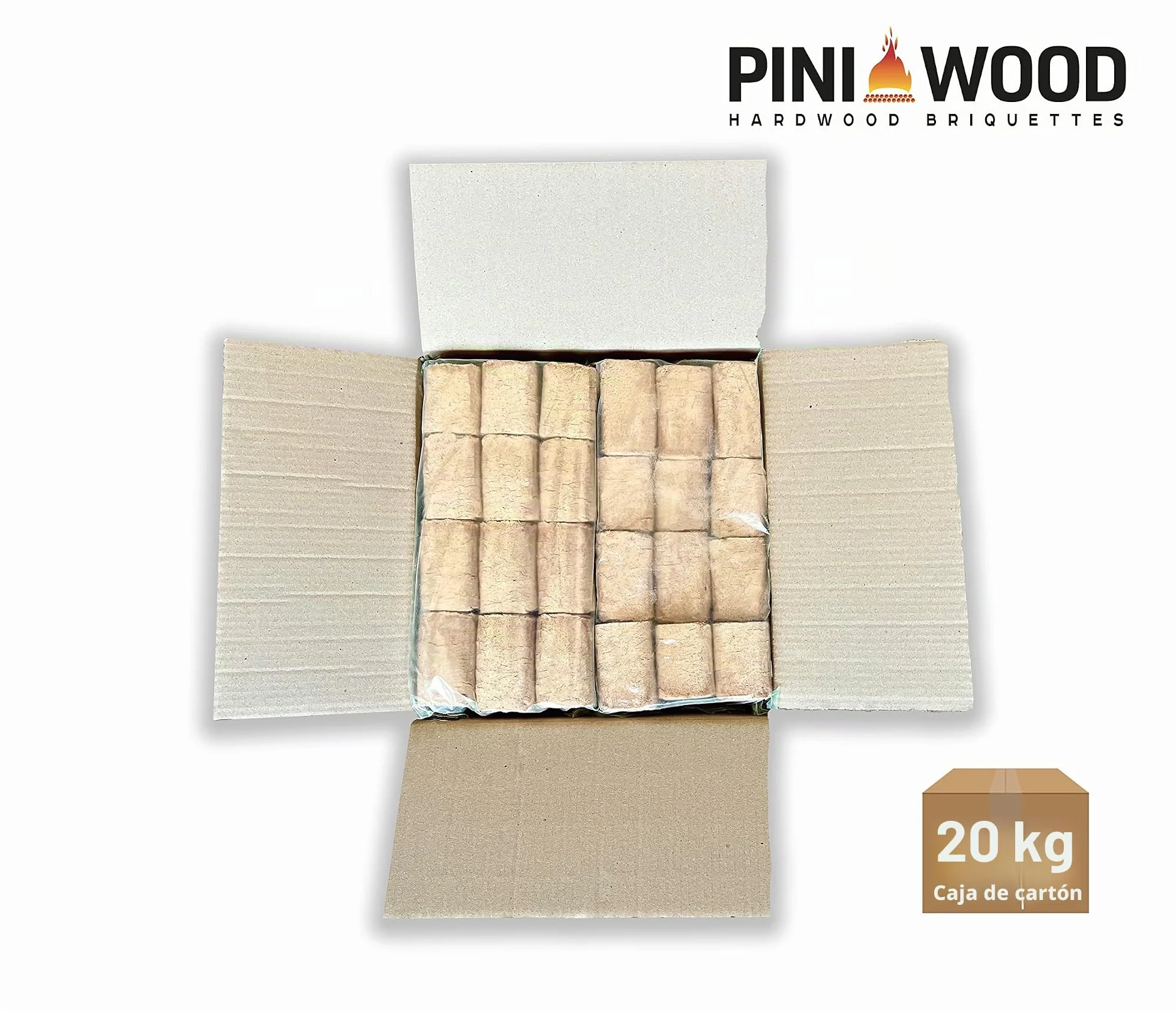 PINI Briquetas de madera, 100 % haya, briquetas de madera dura, RUF, chimenea, estufa, barbacoa, hoguera, leña, 20 kg