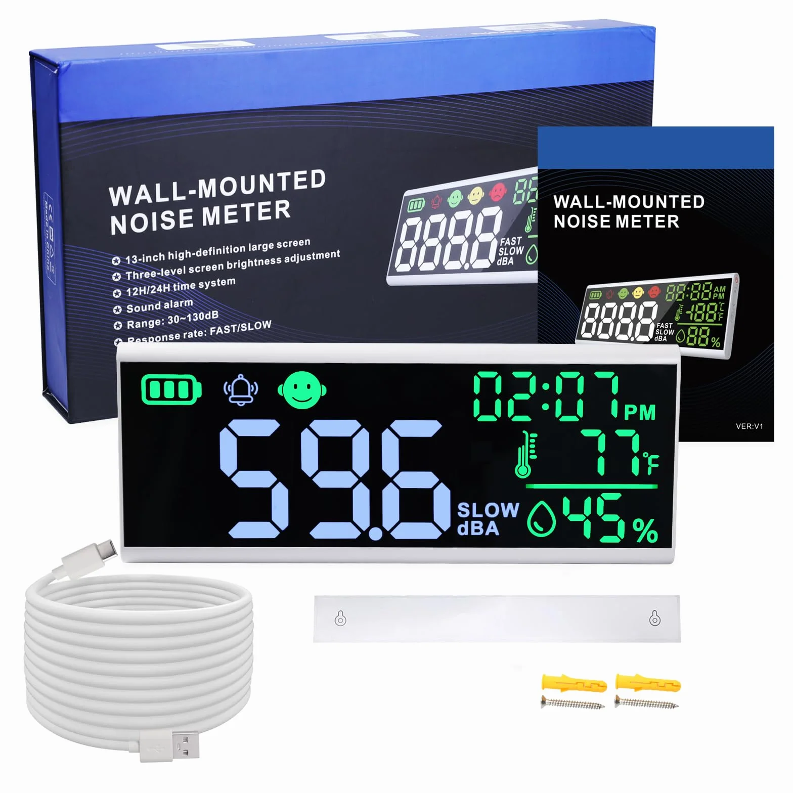 Medidor de decibelios 13 pulgadas, nivel de sonido LED para pared y mesa, alarma con zumbador