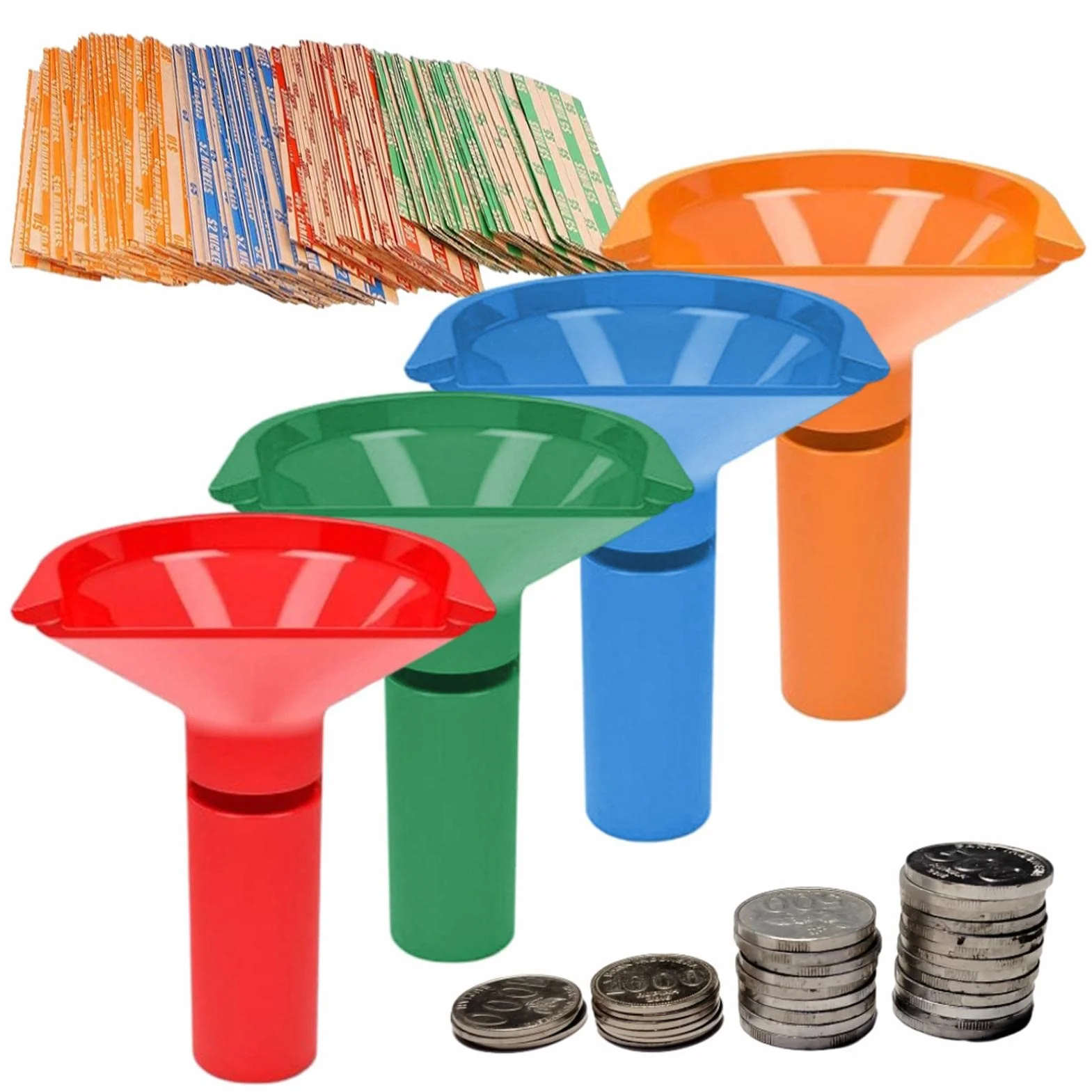 Easy Wrap Tubos para Monedas - Contador y Envoltorios para Rollos Monedas - 4 Tubos y Envolturas Surtidas para Níquel, Diez Centavos, Centavos, Cuarto