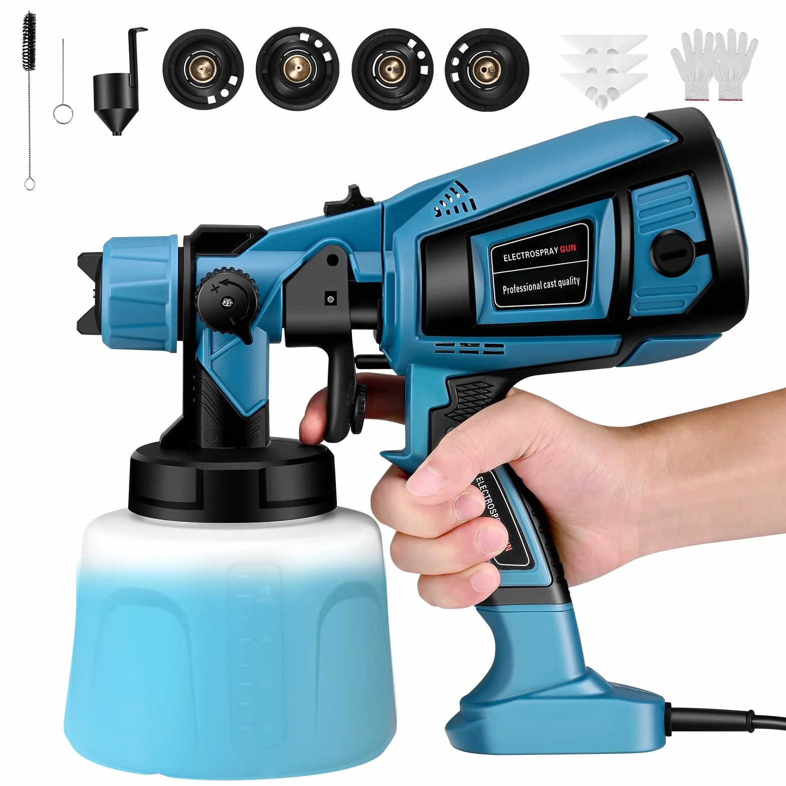 Pistola de Pintura,800W HVLP Pulverizador de Pintura Eléctrico con Recipiente de 1400ml, Flujo Máximo de 1000ml/min,5 Boquillas para la Pulverización y Limpieza del Bricolaje(Azul)