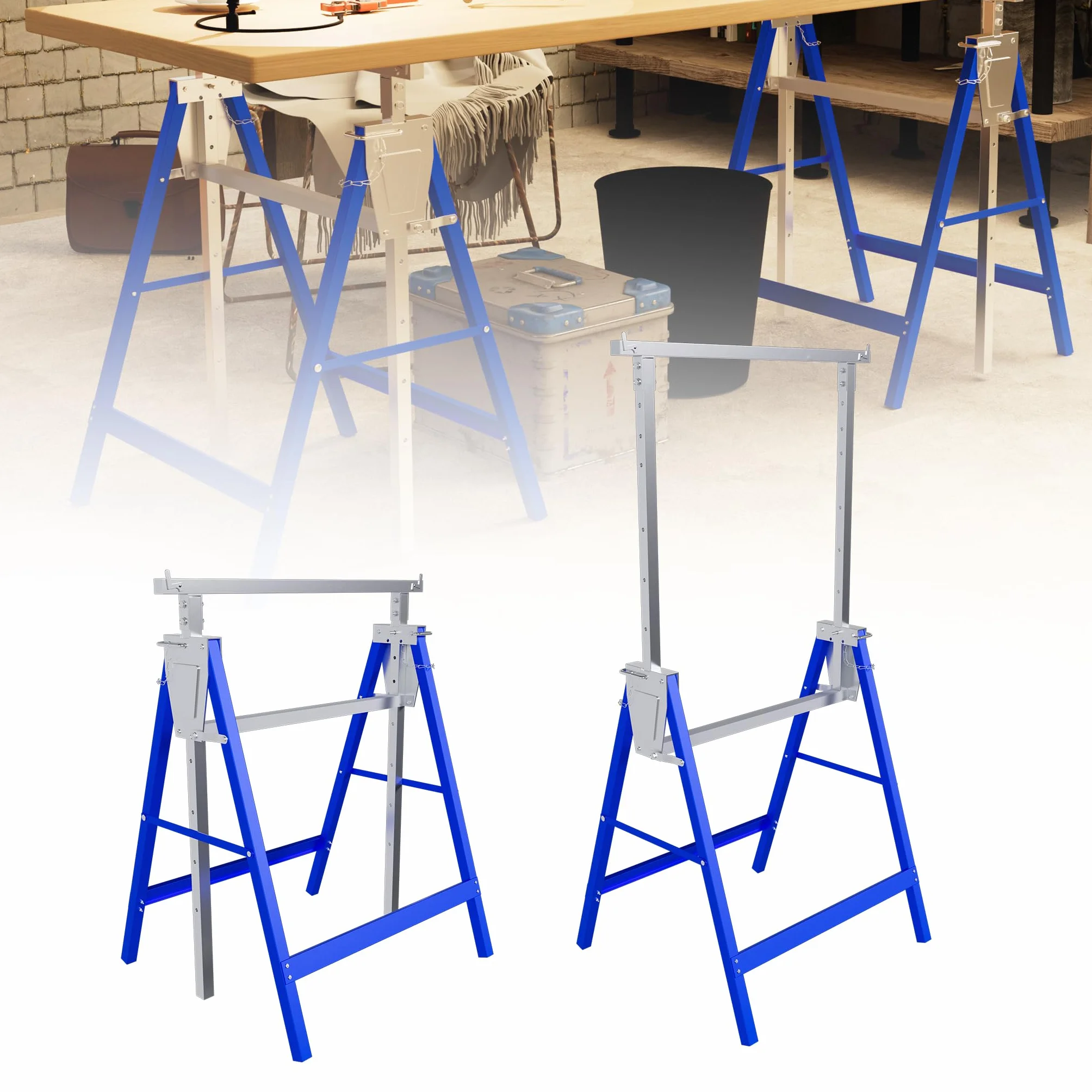 YRHome Juego de 2 caballete de trabajo de altura ajustable, acero plegable, capacidad de carga de 150 kg por caballete, 7 niveles de ajuste de 80 – 130 cm, robustos caballetes como andamio para taller