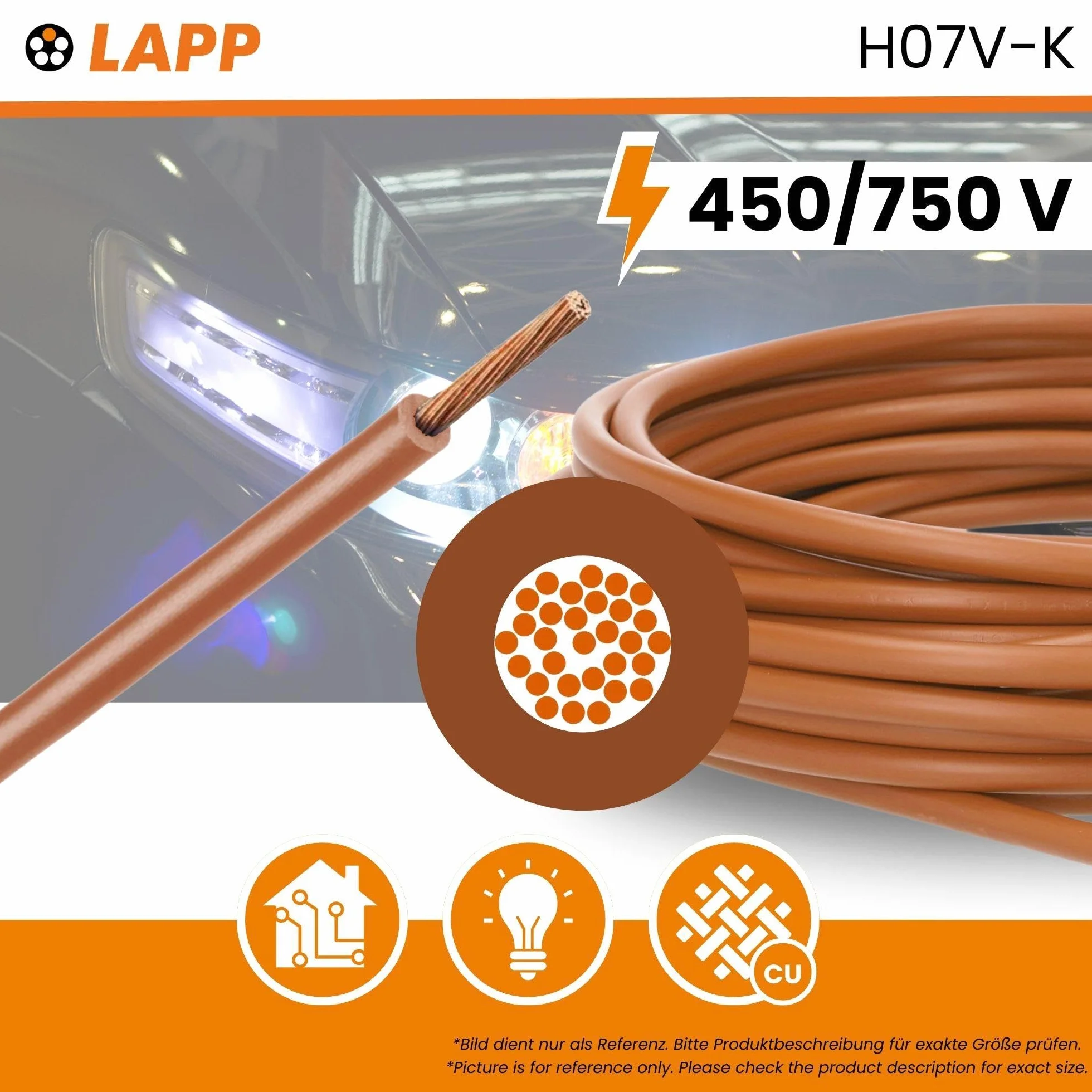 Lapp 5 m Cable H07V-K 16 mm² Marrón - Cable de Cableado Flexible de PVC | Hilo de cobre clase 5 para armarios eléctricos y máquinas. Cable trenzado monoconductor para instalación en seco.