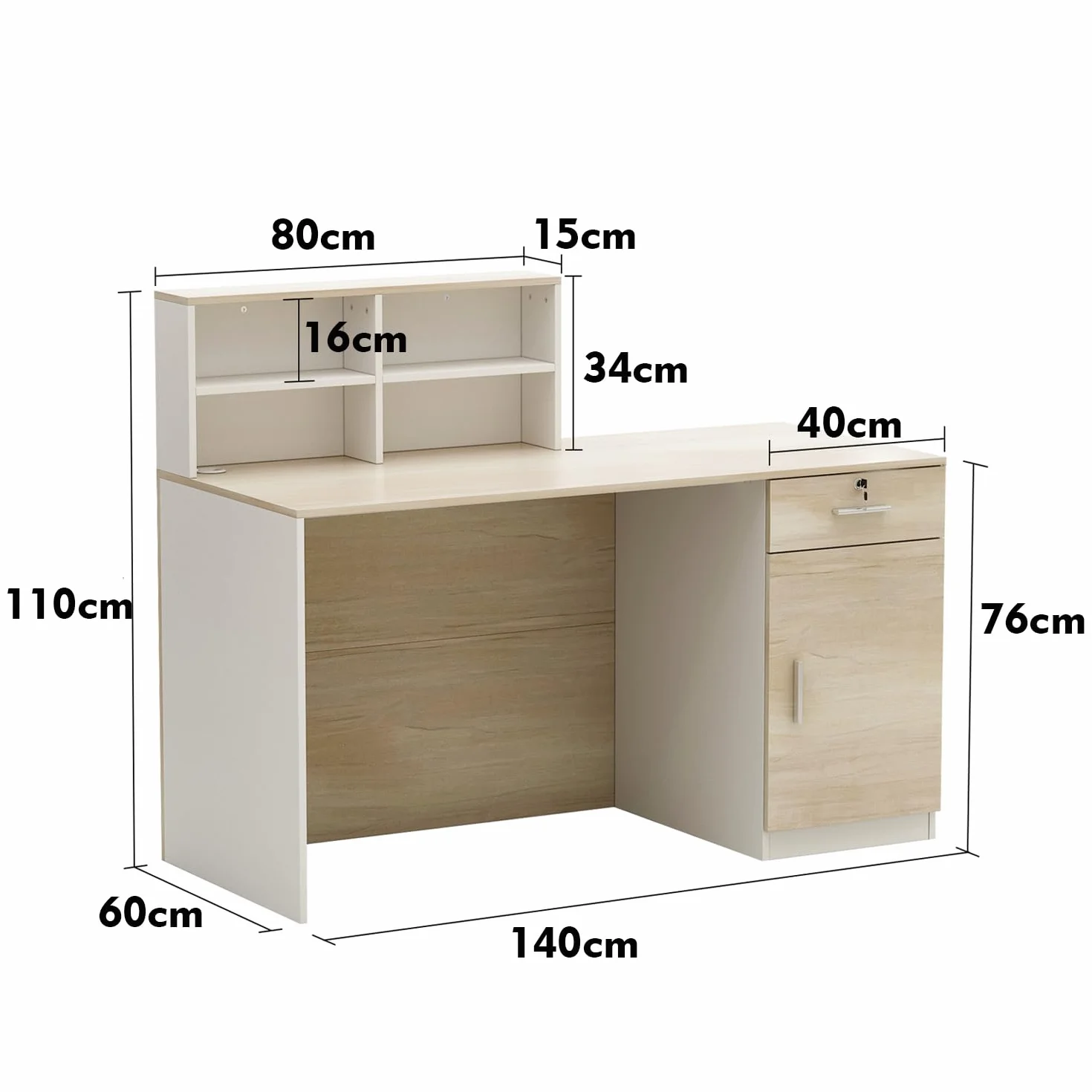 Mesa de recepción con compartimentos abiertos, 1 cajón y 1 armario, color madera y blanco, 140x60