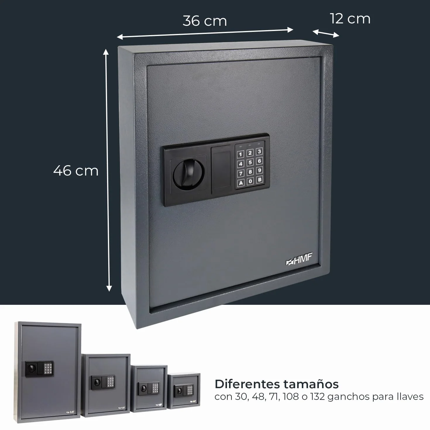 HMF Caja Fuerte para Llaves con Código Electrónico, Armario Guardallaves con Cerradura Digital | 71 Ganchos | 46 x 36 x 12 cm | Antracita
