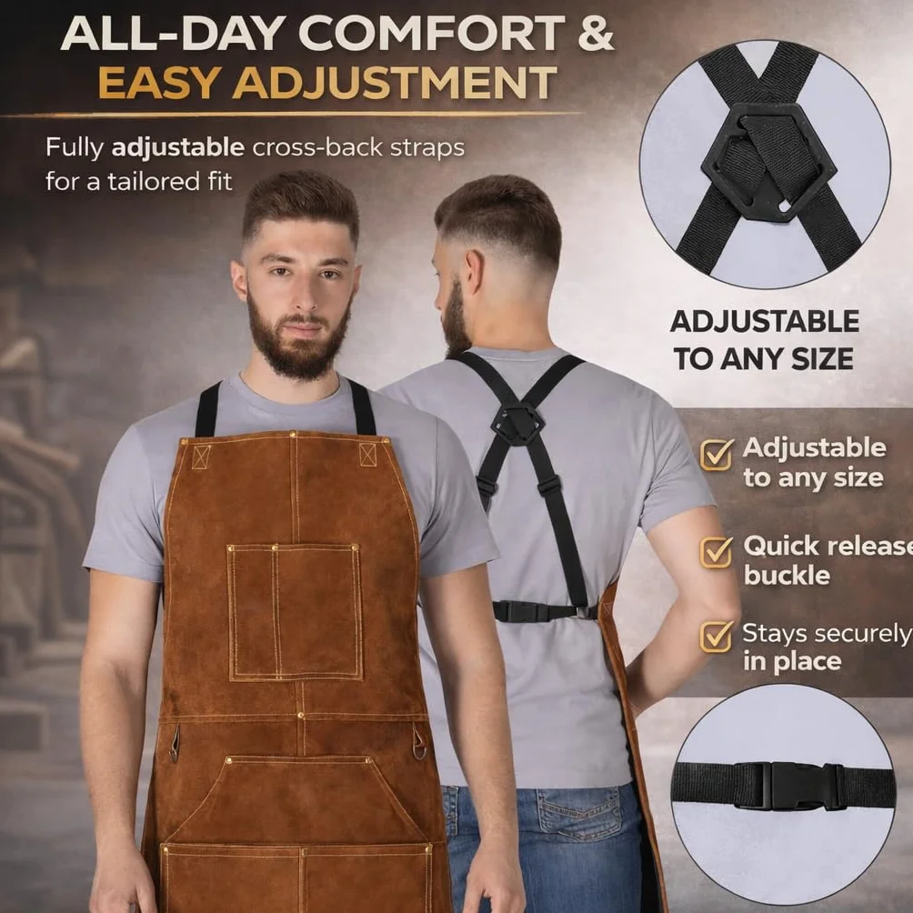 BWOLF Smith Mandil Soldador Delantal Carpintero Delantal Cuero con Pechera Resistente al Calor Delantal de Soldadura Ajustable