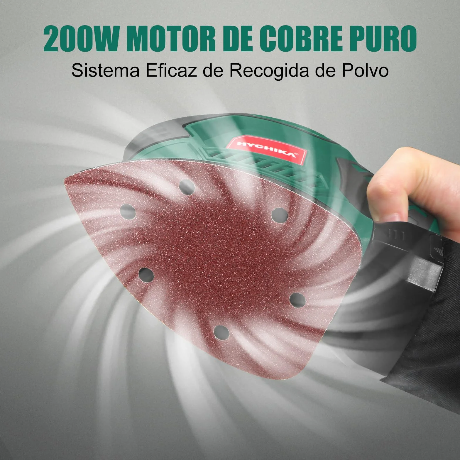 HYCHIKA Lijadora Eléctrica 200W 14000RPM con Motor de Cobre Puro, Recogida de Polvo, 12 Piezas Lija (240/120/80 Grano), Lijadora Mouse para Esquinas