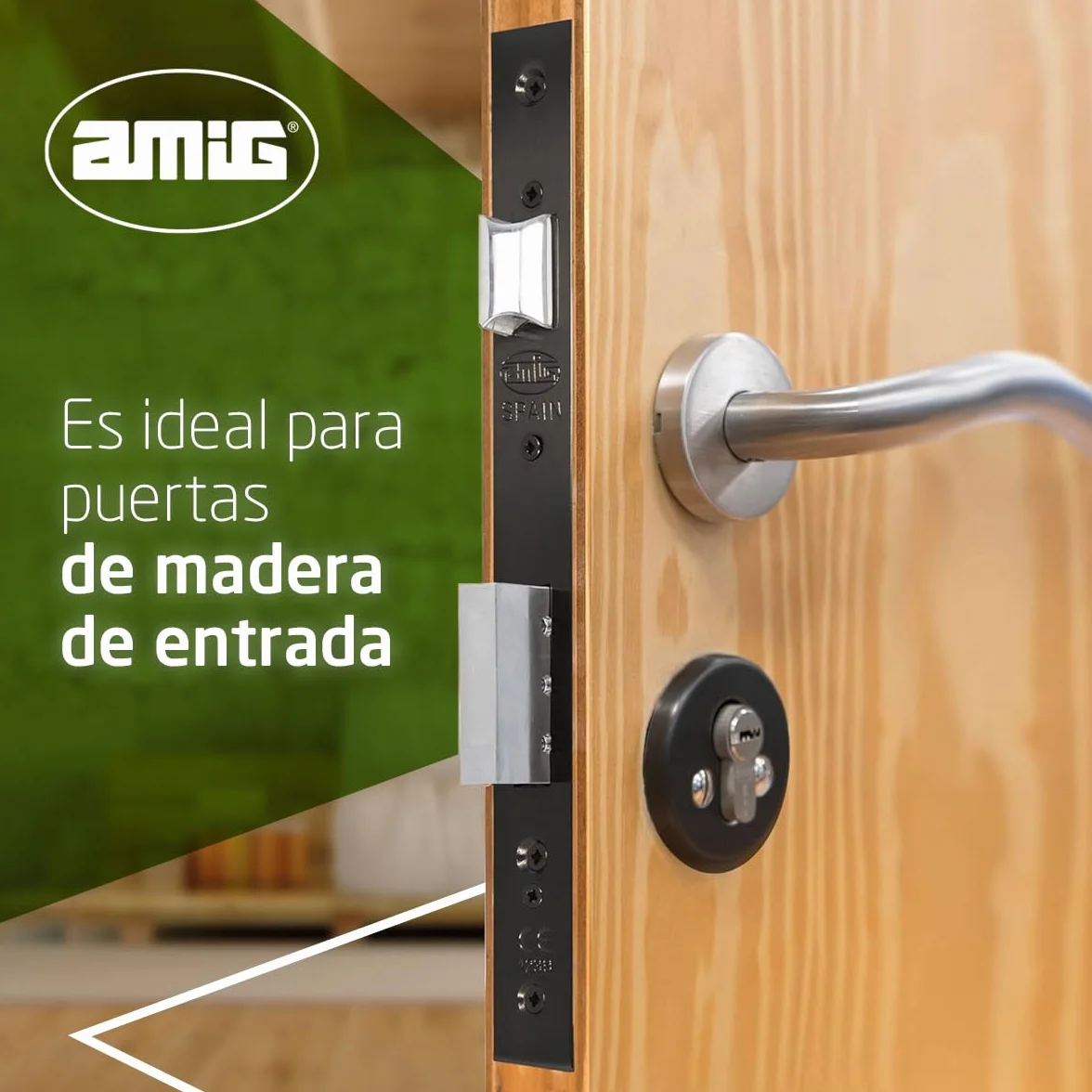 Amig - Cerradura de Embutir con Cilindro de Seguridad y Bocallave + 5 Llaves - Para Puertas de Madera de Entrada - De Acero Acabado en Negro - Picaporte Reversible - Para Manilla de 8 mm