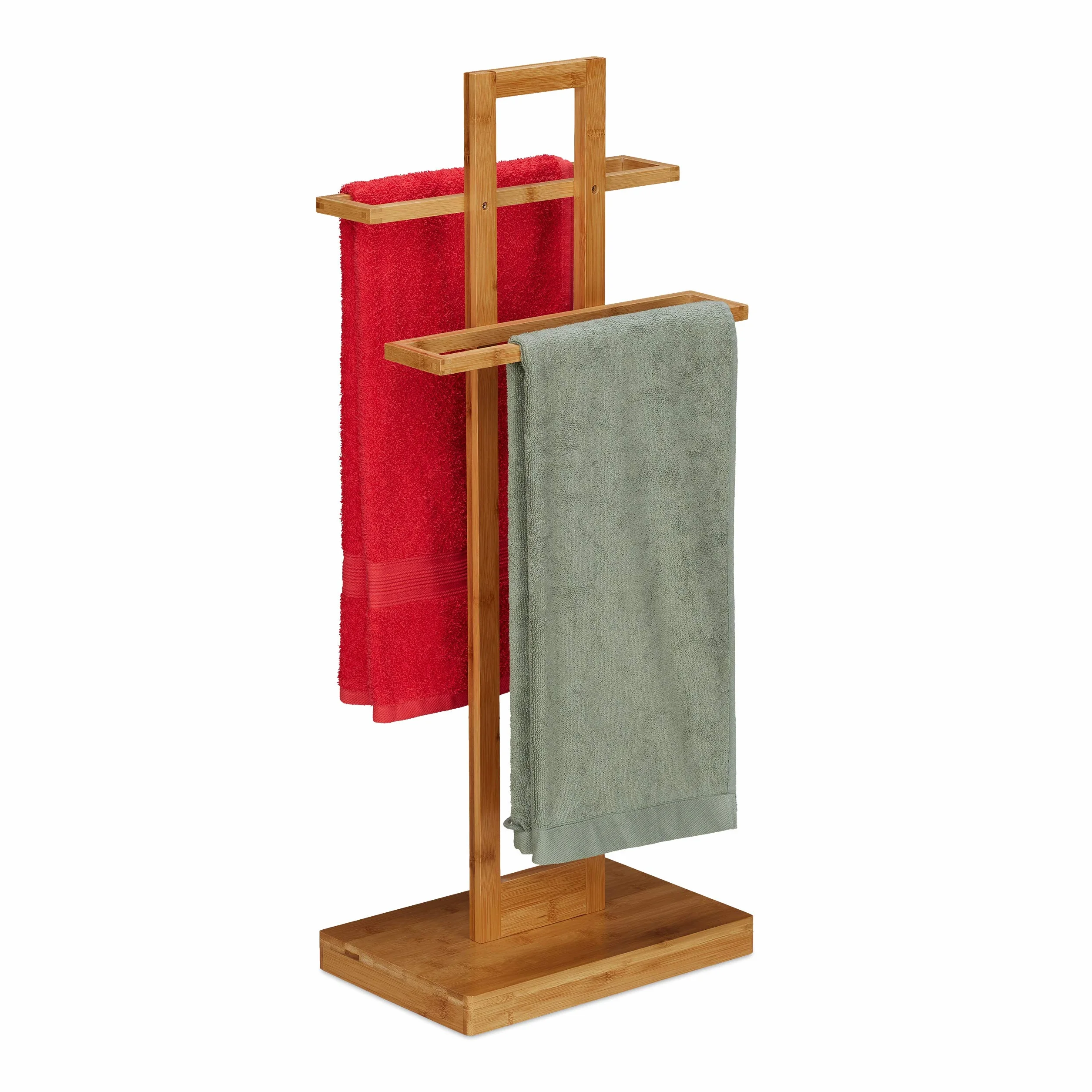 Relaxdays Toallero de Pie, Soporte Toallas Bambú, 2 Brazos, Tendedero Baño Madera, 88 x 35,5 x 23,5 cm, Marrón Natural
