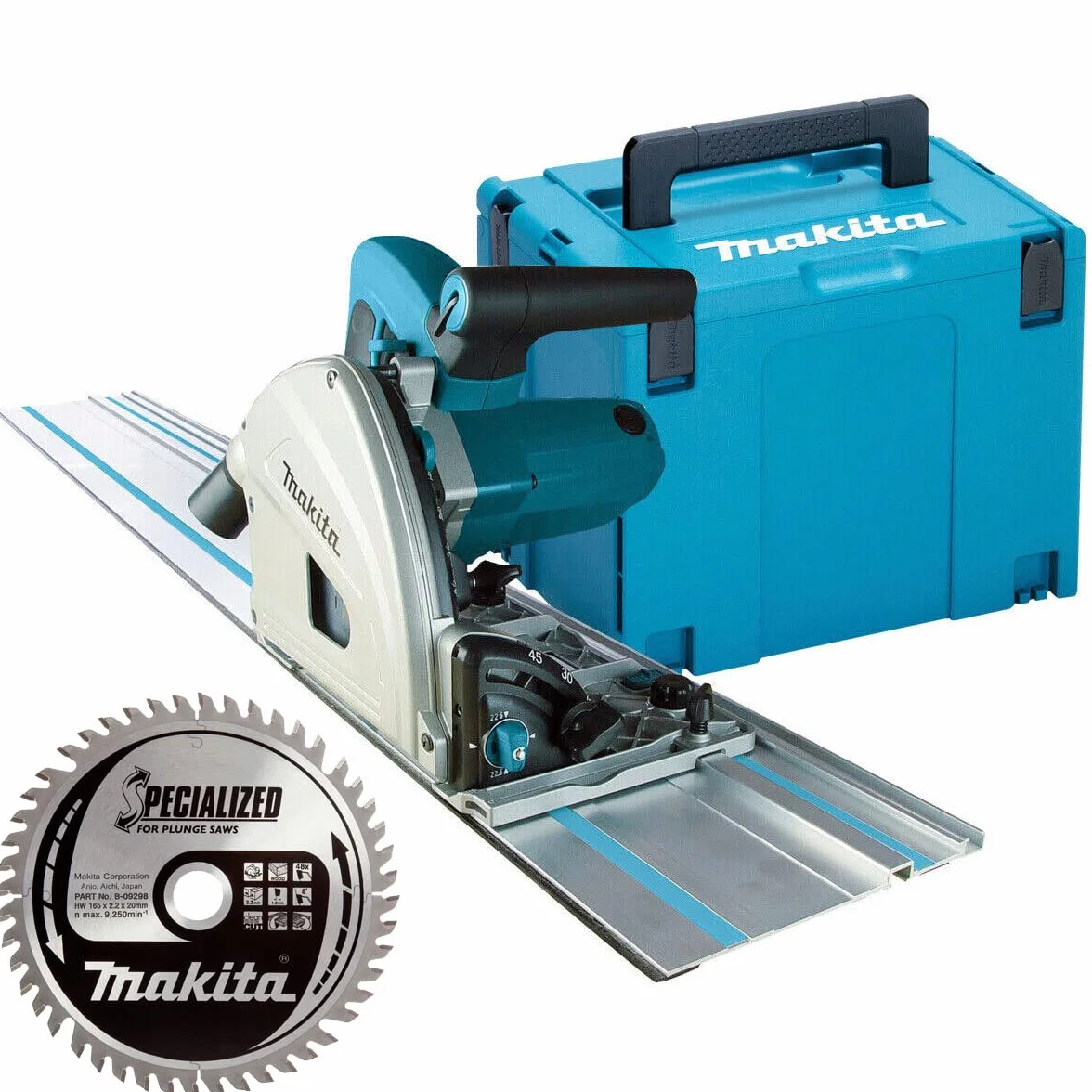 Makita Sierra de inmersión SP6000J2 165mm 240V 1.5m guía guía hoja 48T eléctrica biselada cerca de la pared diseño resistente a puntas conectable a aspiradora