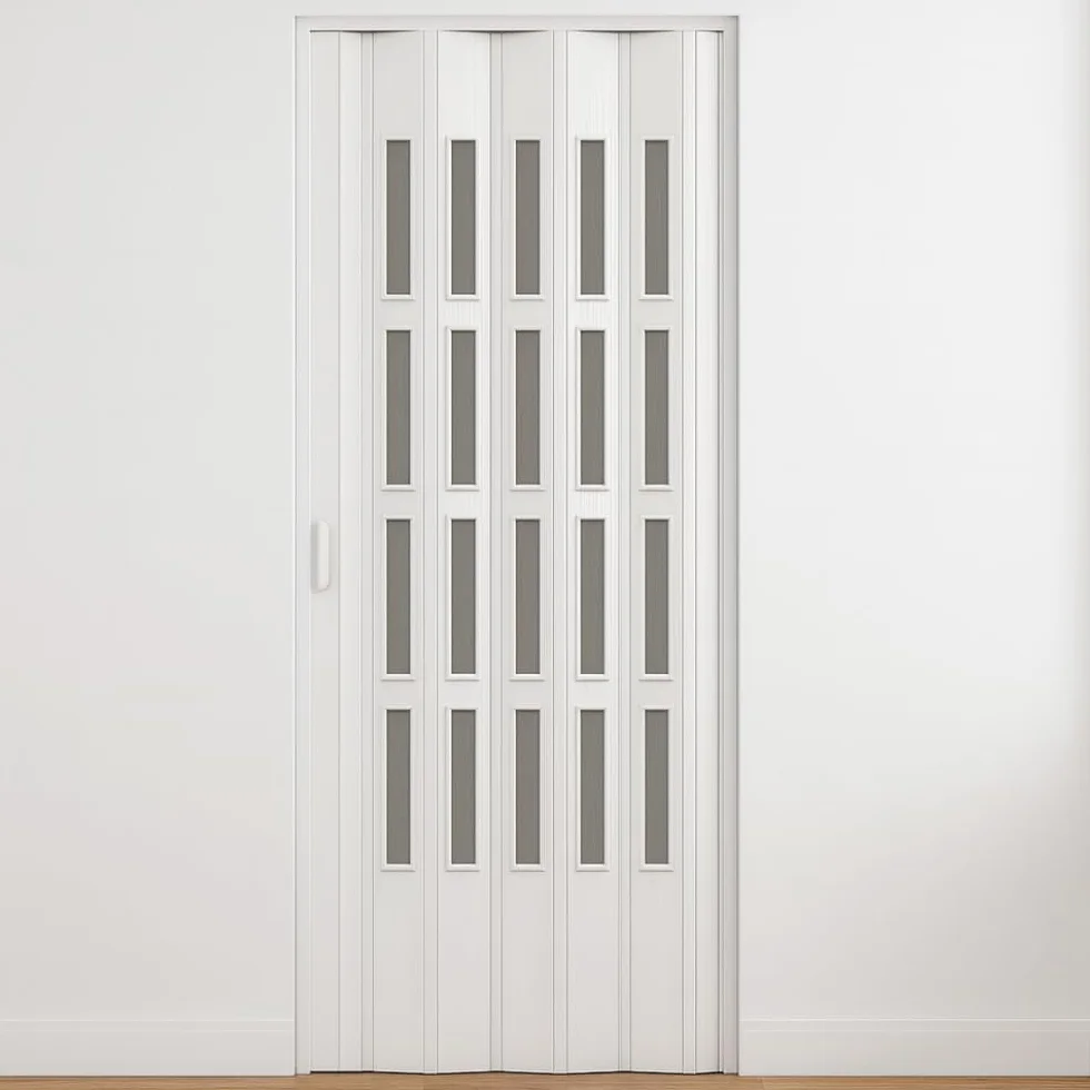 HDcasa Puerta plegable Extra Standard, PVC con cristal transparente, reversible y regulable en altura longitud, para montaje propio, fabricada Italia, decoración del hogar, blanca, 82 x 210 cm