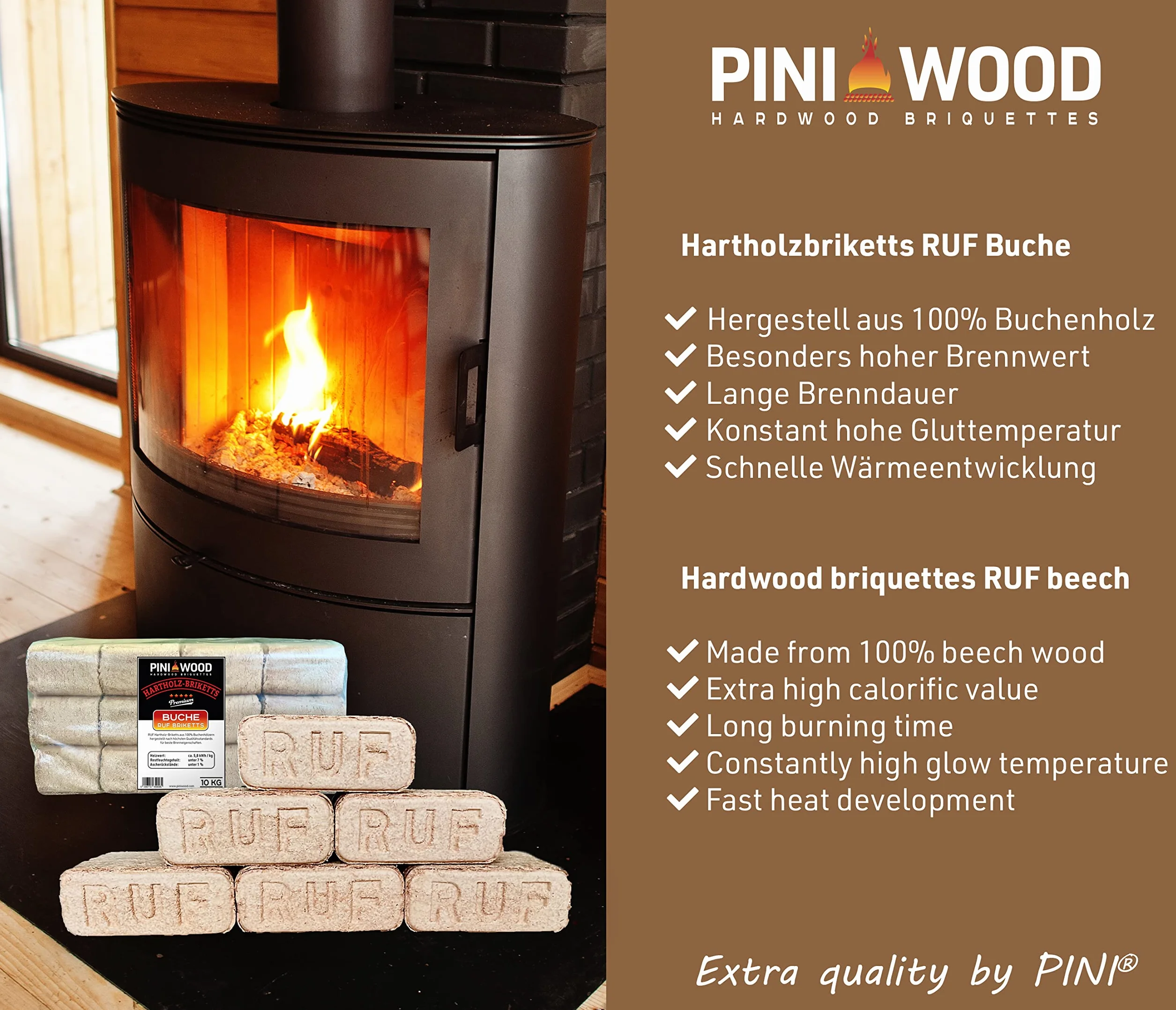 PINI Briquetas de madera, 100 % haya, briquetas de madera dura, RUF, chimenea, estufa, barbacoa, hoguera, leña, 20 kg