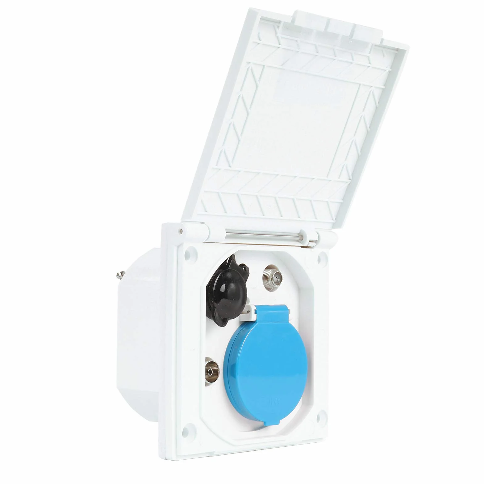 CEE - Enchufe para exteriores (240 V, 12 V, antena satélite, IP44, ideal para caravanas, autocaravanas o autobuses de camping), color blanco