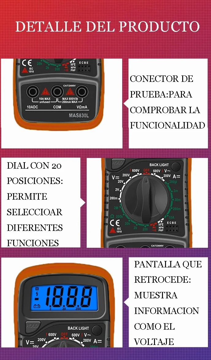 Multímetro Digital Profesional, Polimetro Digital con Pantalla Retroiluminada, Voltimetro Portátil y Resistente, Multifunción para Hogar y Taller, Manual en Español