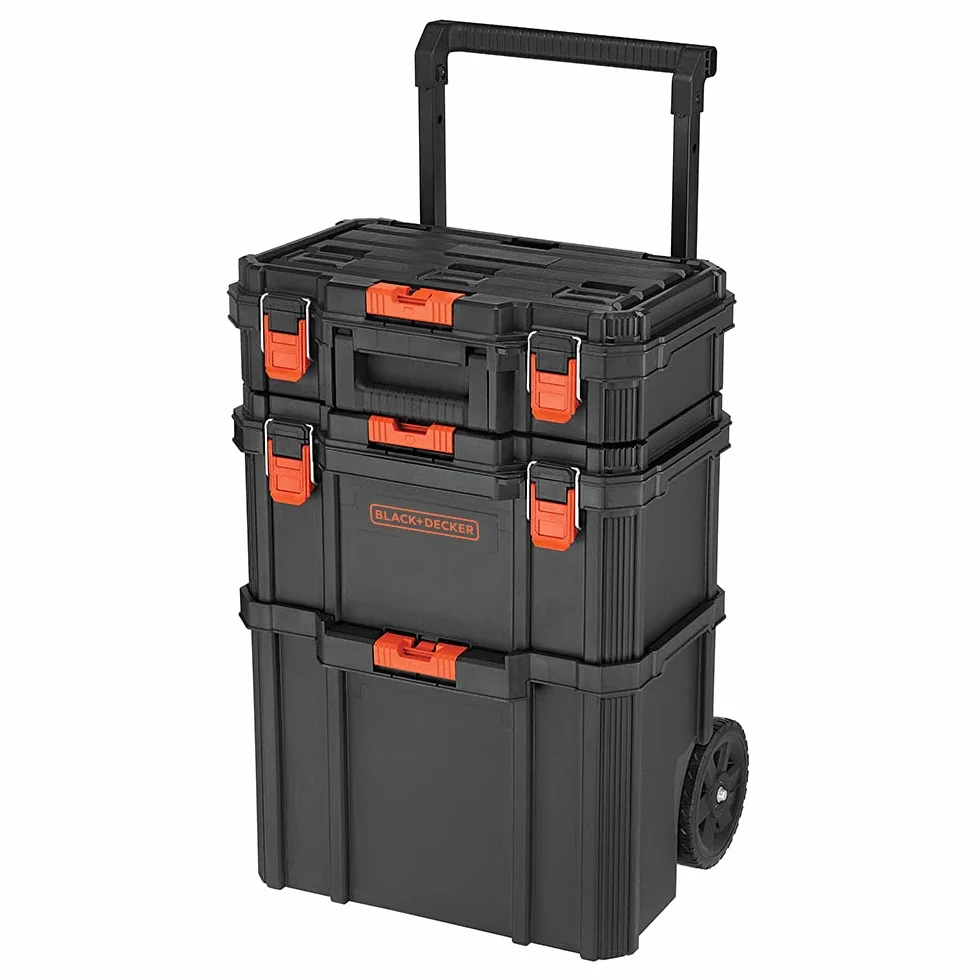 beyond Sistema de almacenamiento apilable BLACK+DECKER BLACK+DECKER BDST60500APB - Juego de 3 piezas (caja de herramientas pequeña, profunda y bolsa rodante)