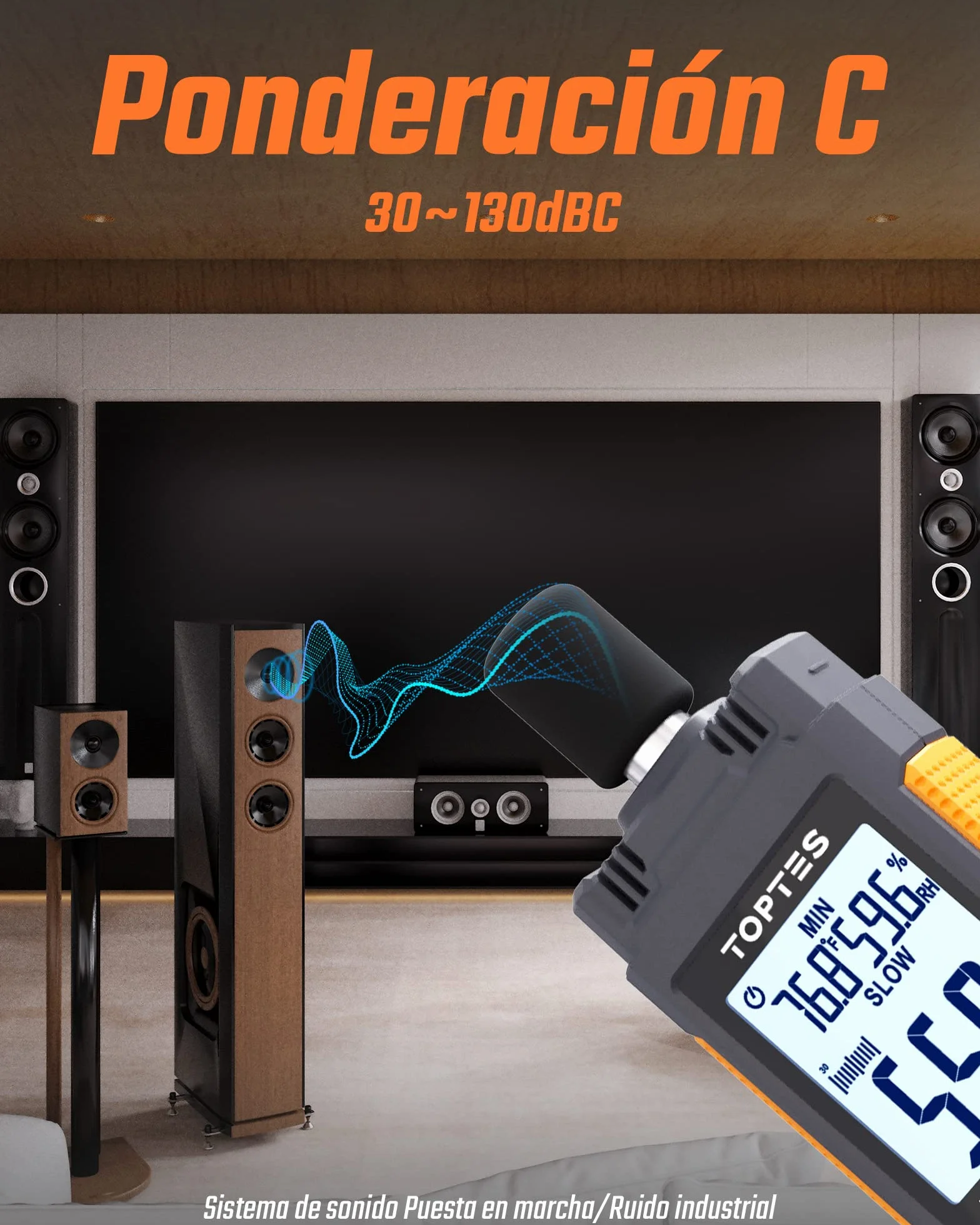 TopTes TS-501B Sonómetro Medidor de Decibelios 30-130 dB LCD 2,25" A/C Naranja