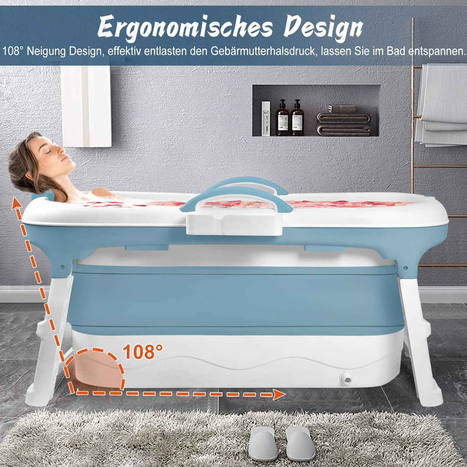 HENGMEI Bañera plegable para adultos, 112 x 62 x 52 cm, bañera portátil con cubierta, rodillos de masaje y bandeja para bañera, azul y verde