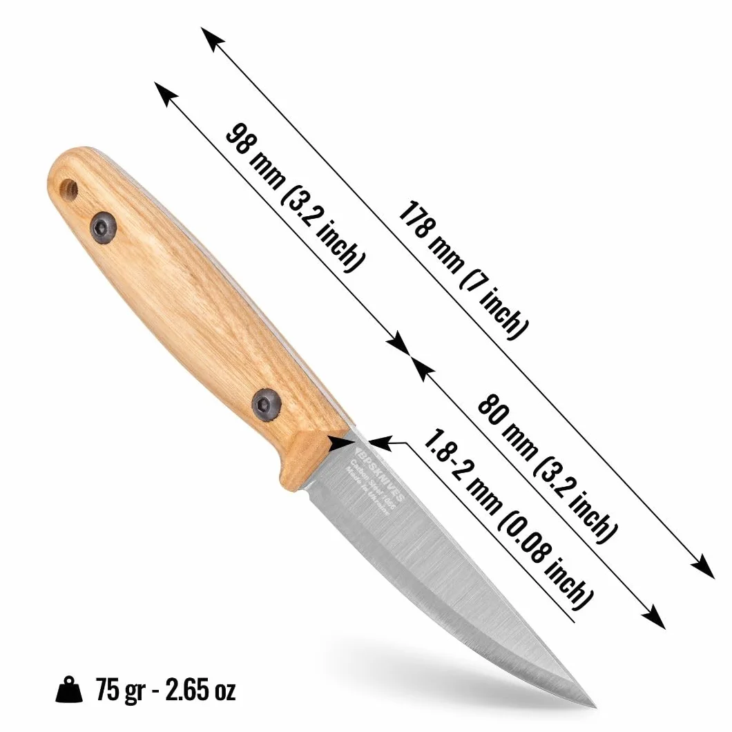 BPSKNIVES Finn Lite - Cuchillo Puukko - Cuchillo de hoja fija de acero al carbono con funda de cuero - Cuchillo pequeño de espiga completa - Cuchillos de campamento - Cuchillo de campamento escandina