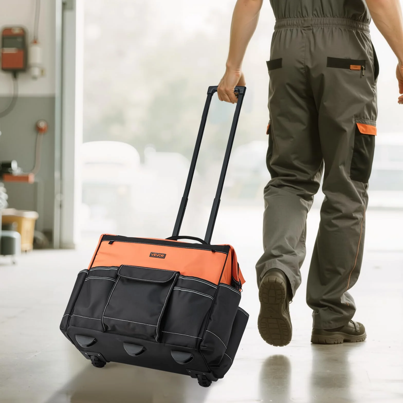 VEVOR Mochila con Ruedas de 510 x 310 x 450 mm Capacidad de Carga de 50 kg, Mochila de Herramientas Resistente con 27 Bolsillos, Asa Telescópica Ajustable y Base Estable para Construcción y Mecánico