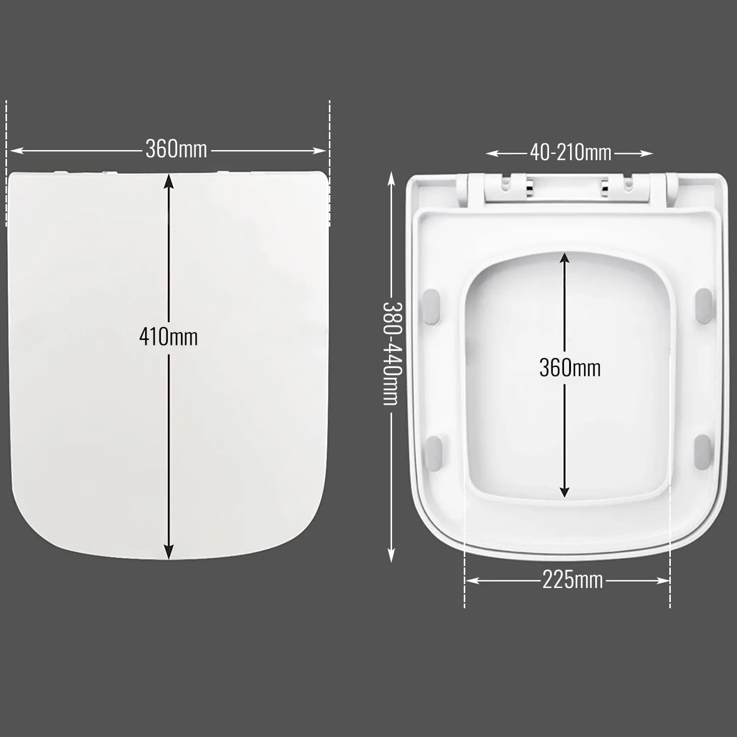 Asiento de Inodoro Cuadrado con Cierre Suave y Bisagras Ajustables de Acero Inoxidable – Tapa con Liberación Rápida, Fácil Limpieza y Fijación Universal para la mayoría de Inodoros, Blanco