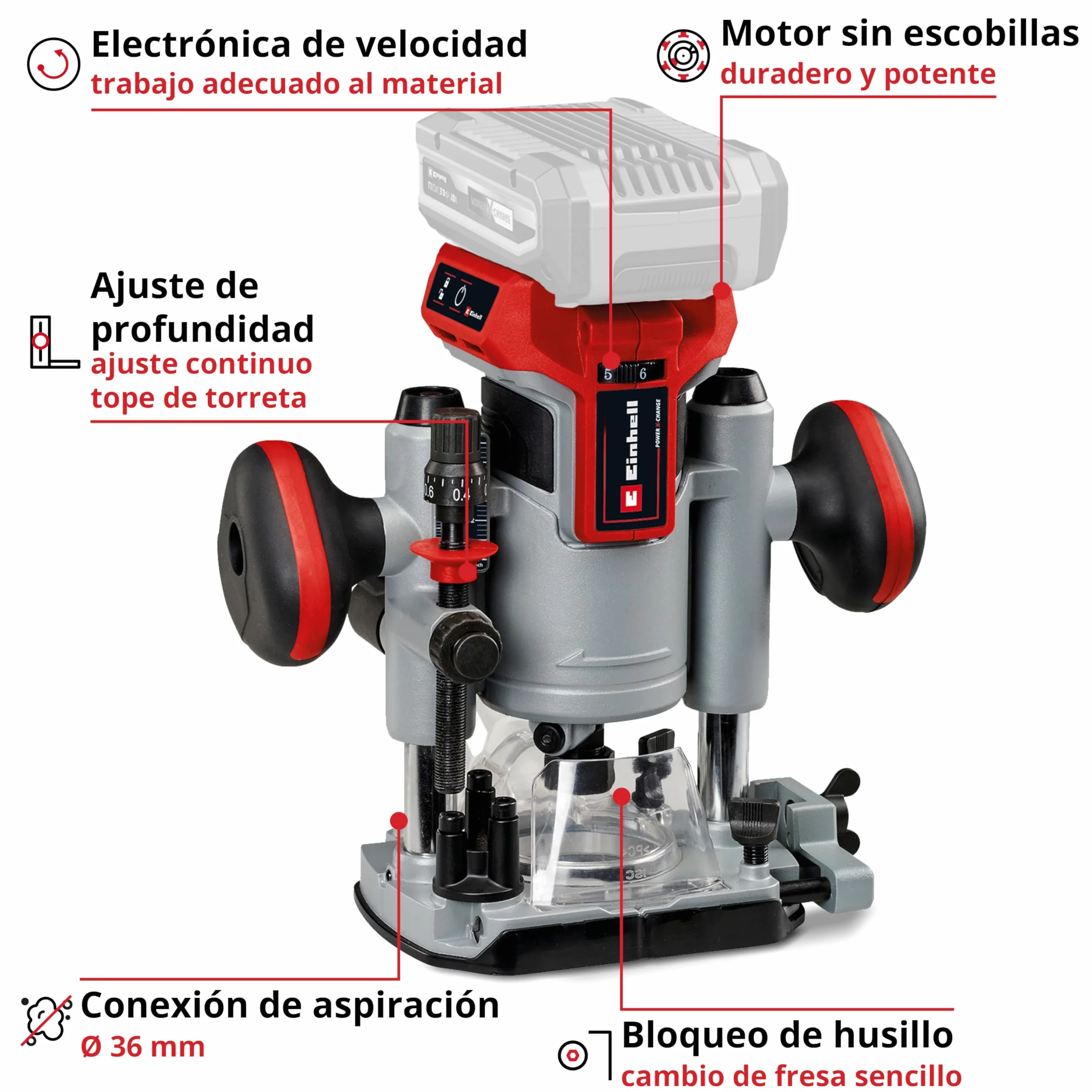 Einhell Professional Fresa superior con batería TP-RO 18 Li BL-Solo Power X-Change (18 V, altura de carrera 35 mm, motor sin escobillas, incl. tope paralelo, sin batería ni cargador)