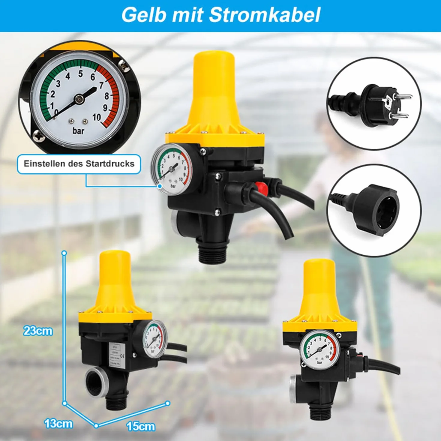 Control electrónico de bomba 1100W 9000 l/h - Presostato para agua - Controlador de presión de 10 bar con cable - Interruptor de presión IP65 para bombas de agua - Supervisa el flujo de agua