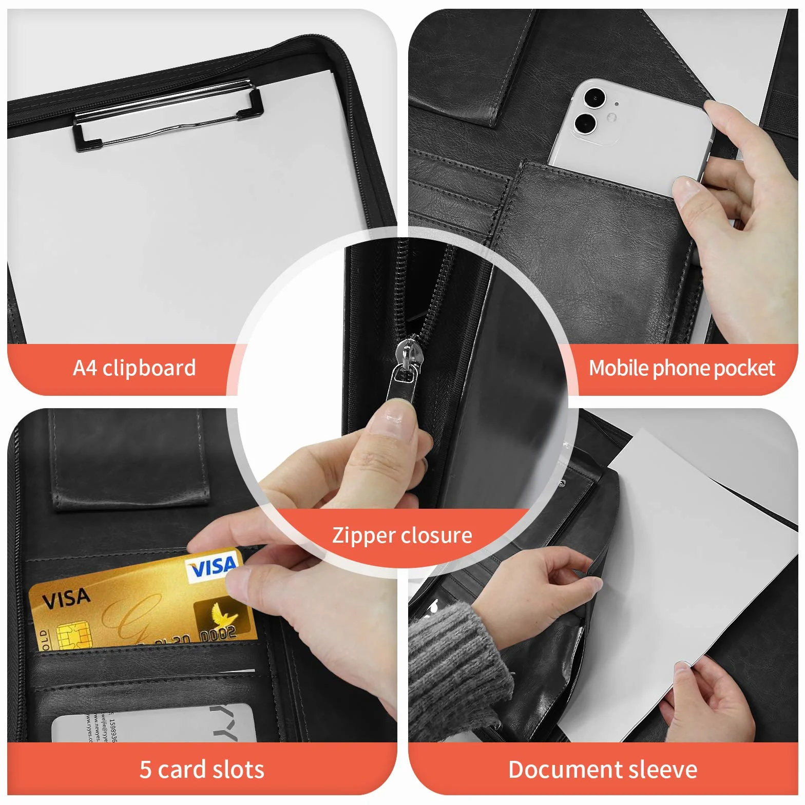 NEWYES Portadocumentos de Cuero A4 con Cremallera Carpeta Organizadora Agenda Oficina Viaje Negro