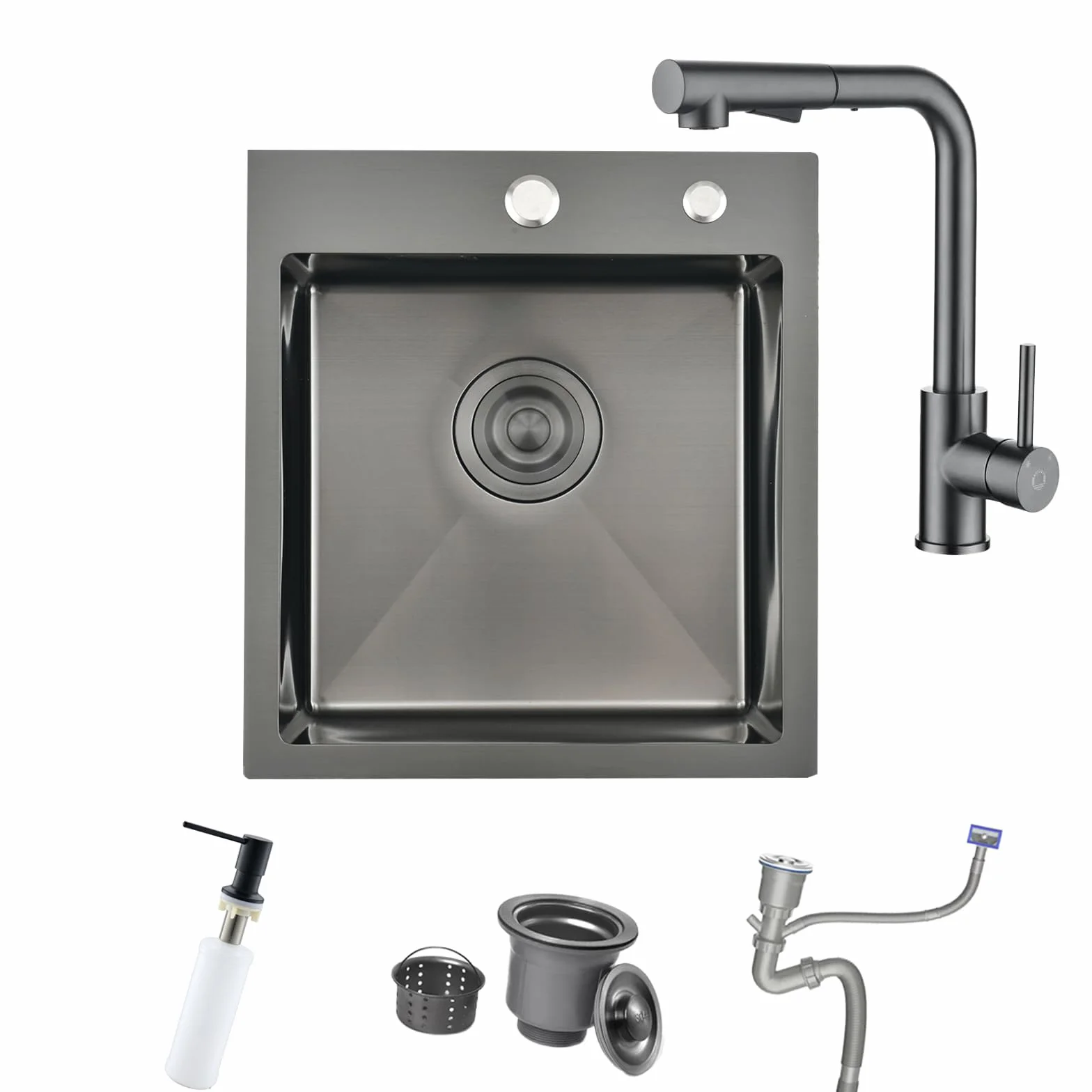 Fregadero de acero inoxidable 40 x 45 cm antracita + grifo de cocina extensible, juego completo de fregadero de cocina BoomHoze cuadrado empotrable pequeño para armario bajo de 40 cm