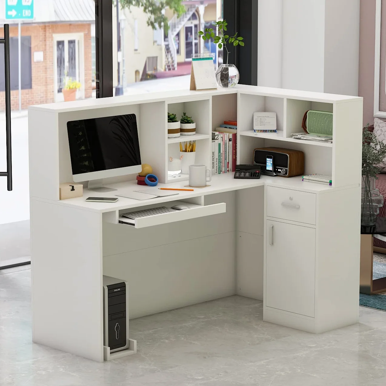 Mesa de Oficina con Bandeja para Ordenador, 80 x 140 x 120 cm, Blanco, MDF