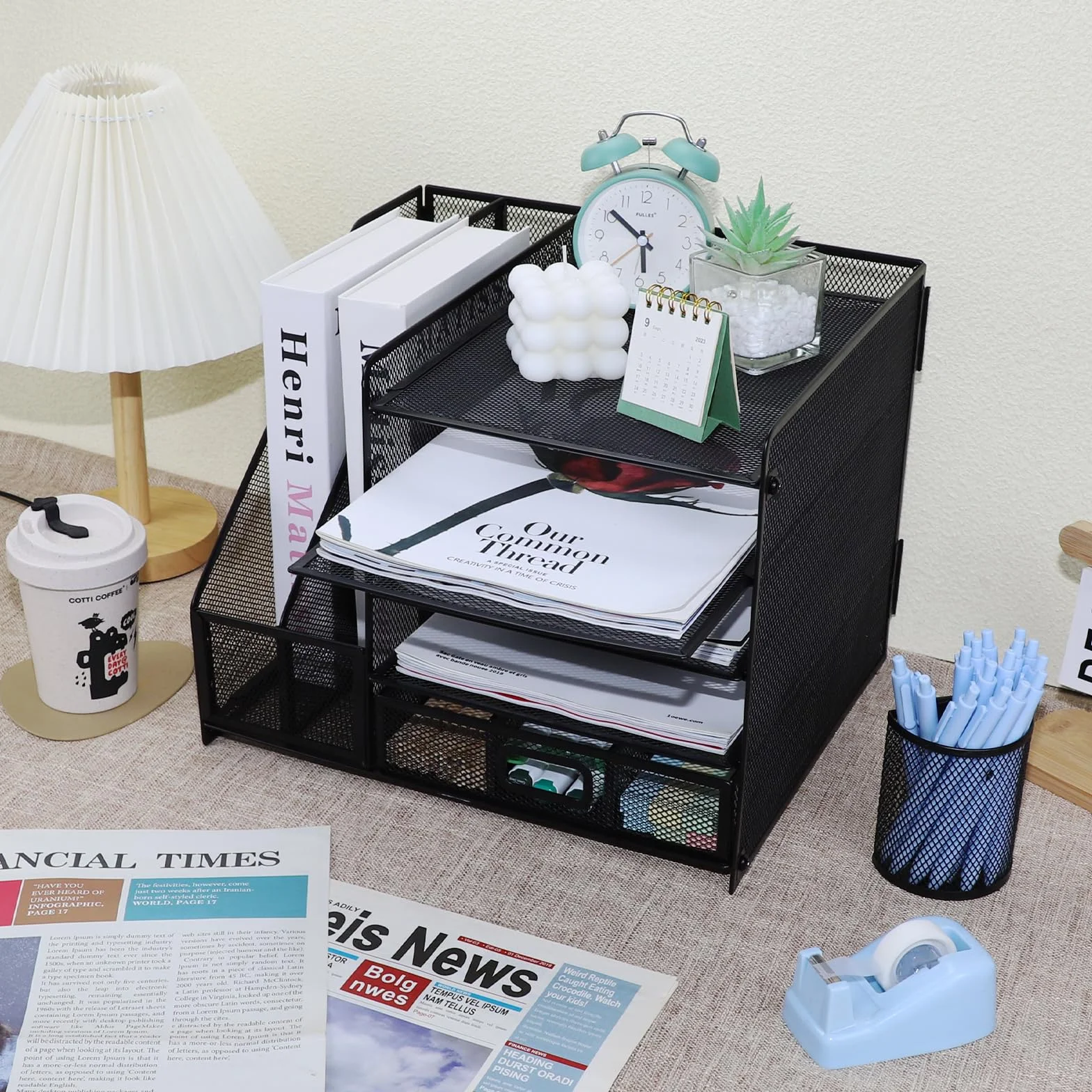 Organizador de Escritorio 5 Niveles Malla Metálica Bandejas Papel con Estante Archivos Cajones Revistero Almacenamiento Oficina