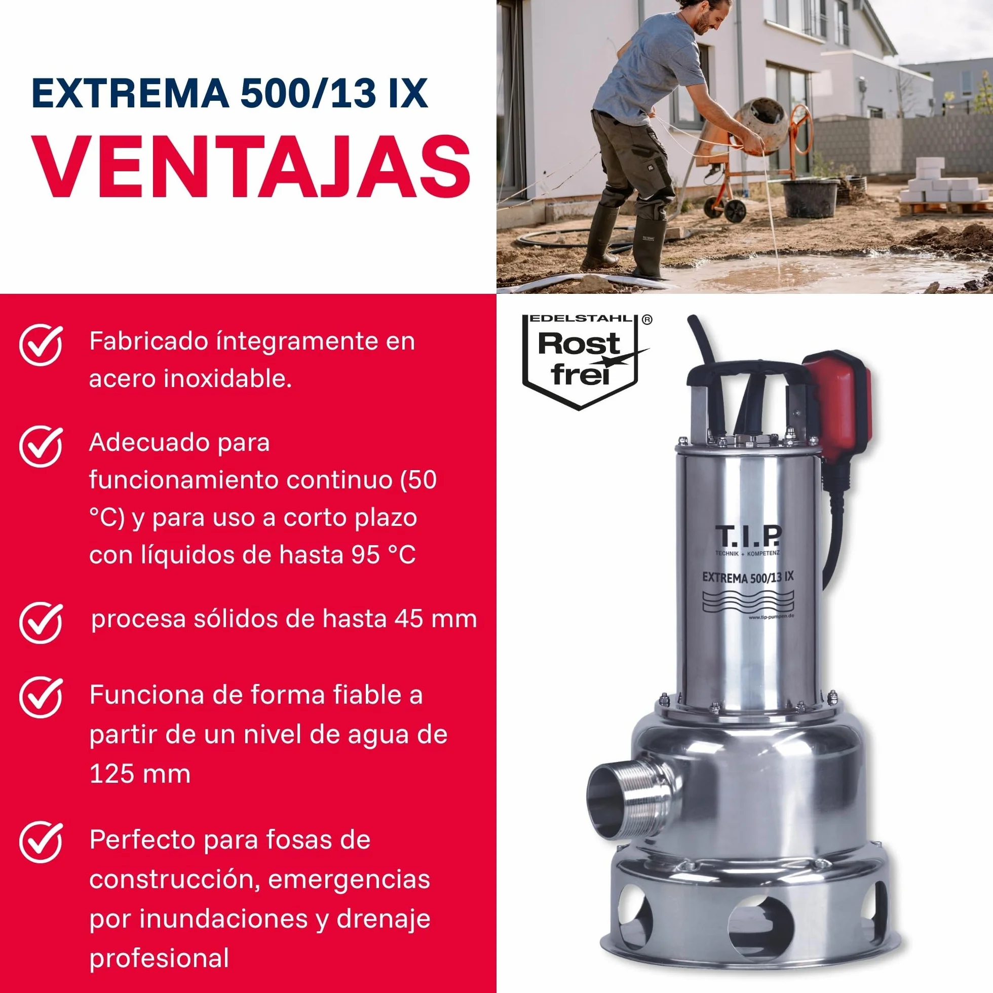 T.I.P. 30171 Bomba sumergible para aguas residuales Extrema 500/13 PRO de acero inoxidable 30 000 l/h