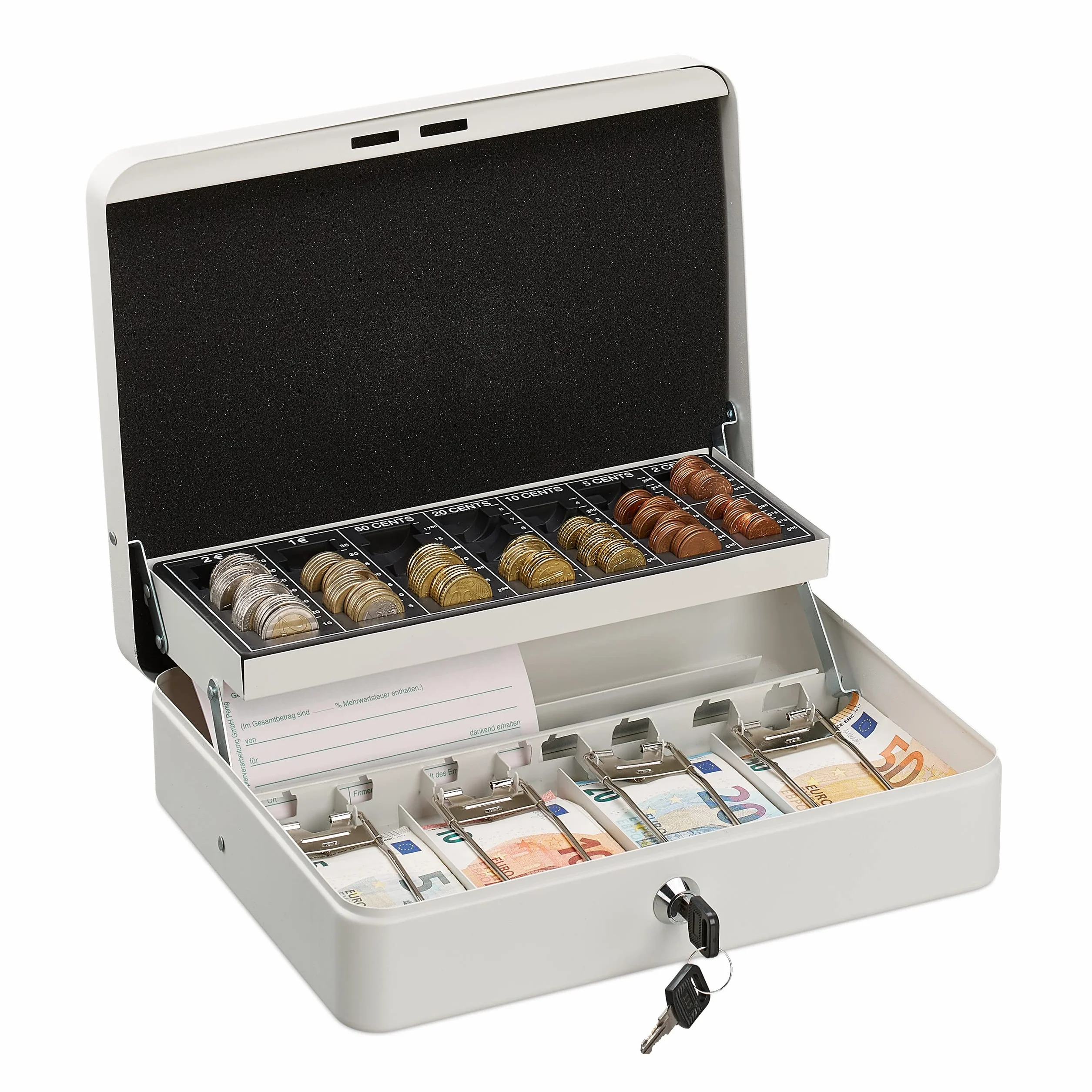 Relaxdays Caja Dinero con Llave, Bandeja Monedas y 4 Compartimentos Billetes, Cajita Hierro, 8,5x30,5x24,5 cm, Blanco