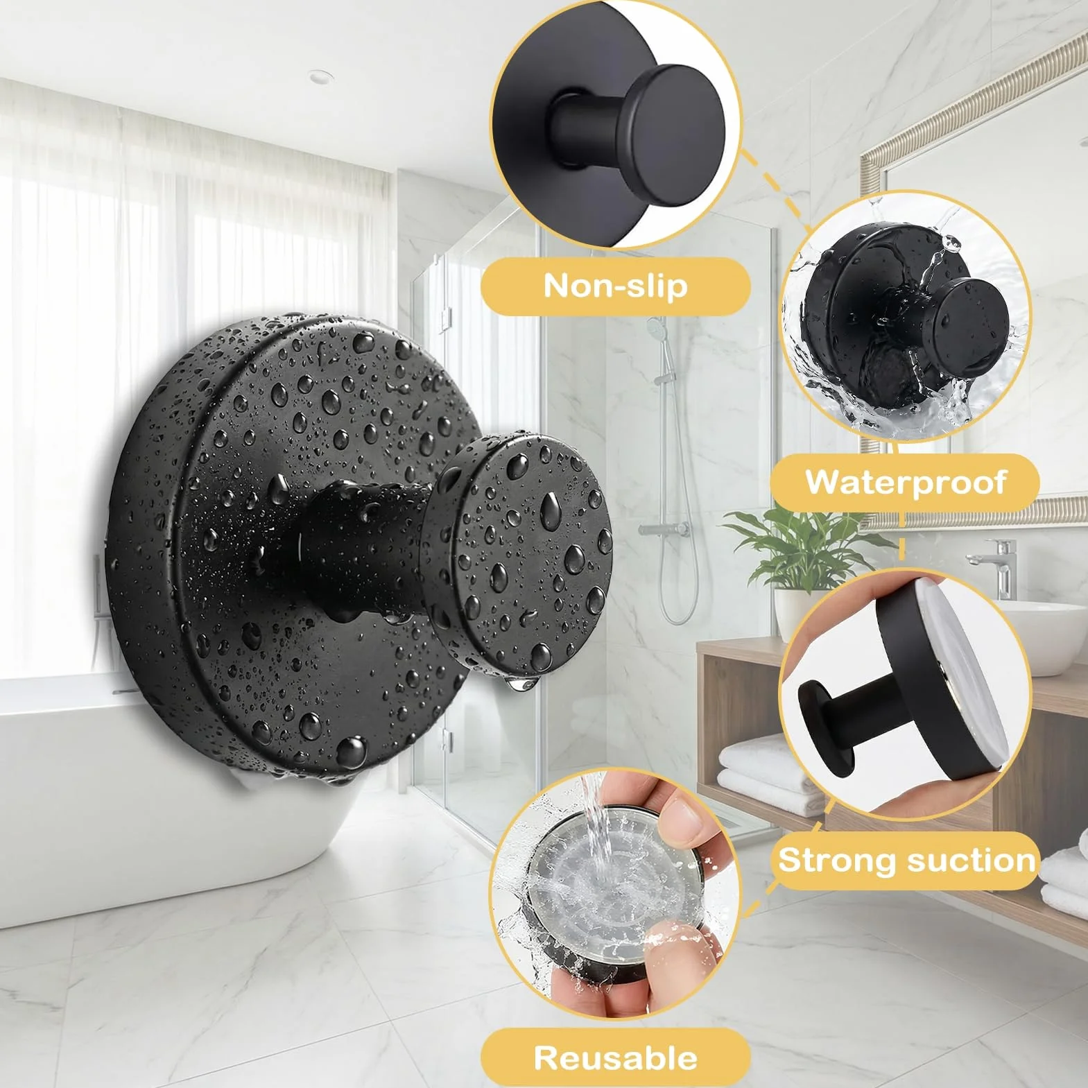 6 ganchos con ventosa, ganchos con ventosa, color negro, ventosa con toallero extrafuertes, reutilizables y extraíbles, ganchos para toallas de baño y cocina