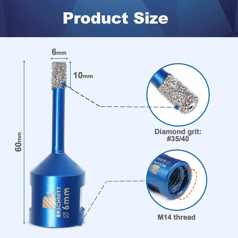Broca de Diamante 6MM - BRSCHNITT Vacío Soldadura para gres Porcelánico Azulejo Cerámica Mármol Granito Taladrado, adecuado para amoladoras M14 angulares （5 Piezas）