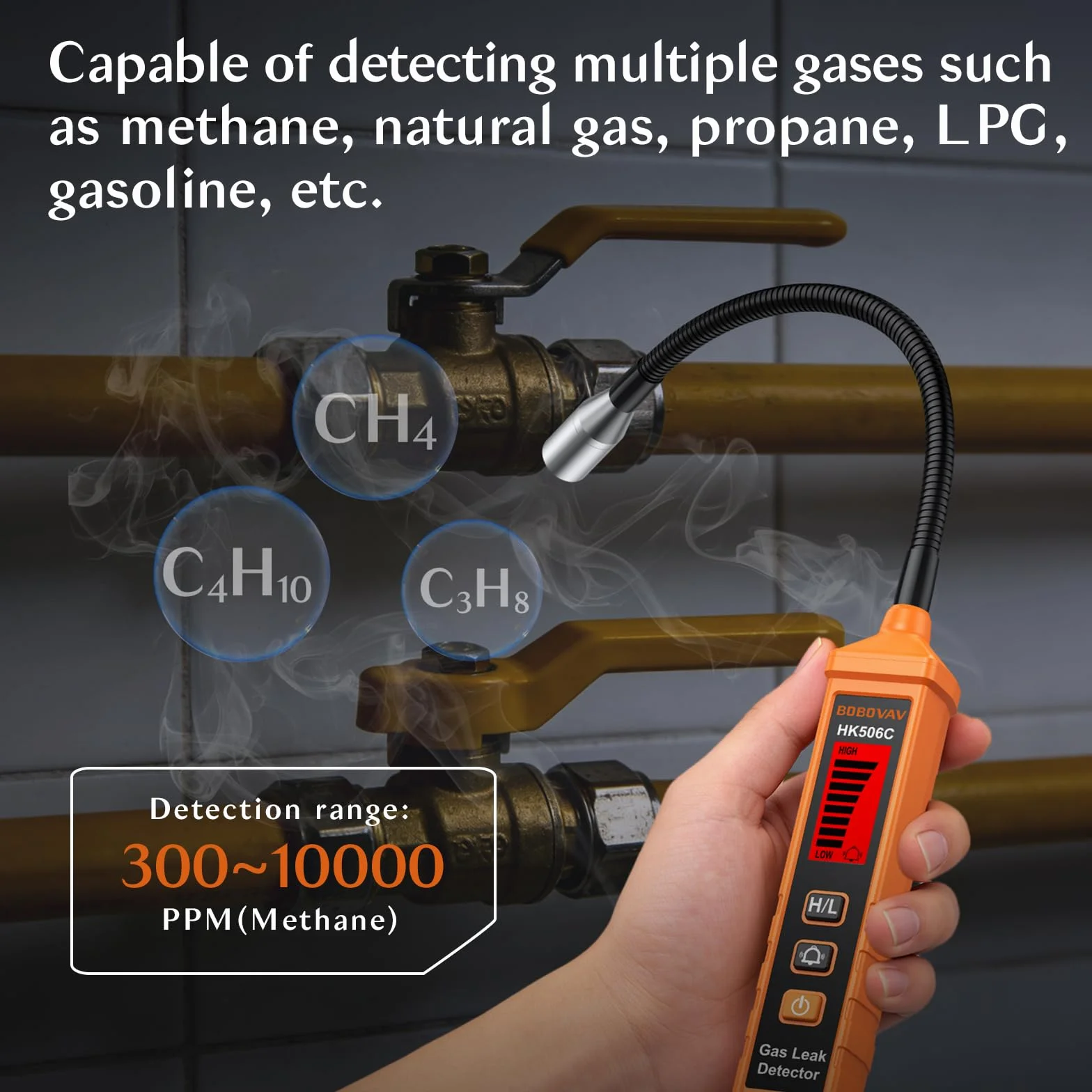 Detector de Gas Universal con Sonda 360° de 20cm, Doble Sensibilidad (300-10000ppm), Alarma Visual LED y Sonora (65dB), Modo Silencio, Tiempo de Precalentamiento 30s