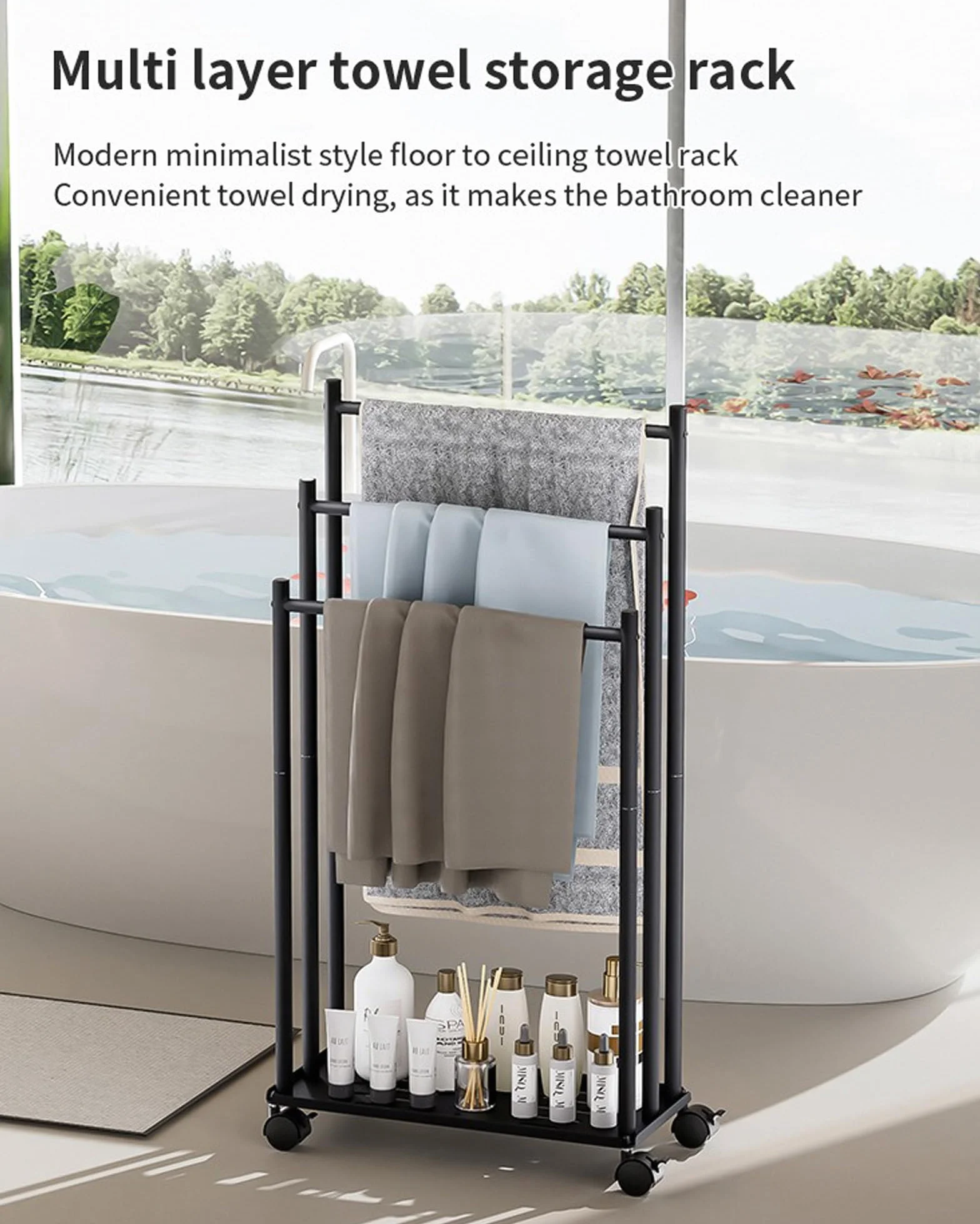 Toallero de Pie de 3 Niveles, Toallero Escalera con Estante y Ruedas, Ahorra Espacio, Material Metálico, Toallero de Piscina para Exteriores, para Baños, Salón, Negro