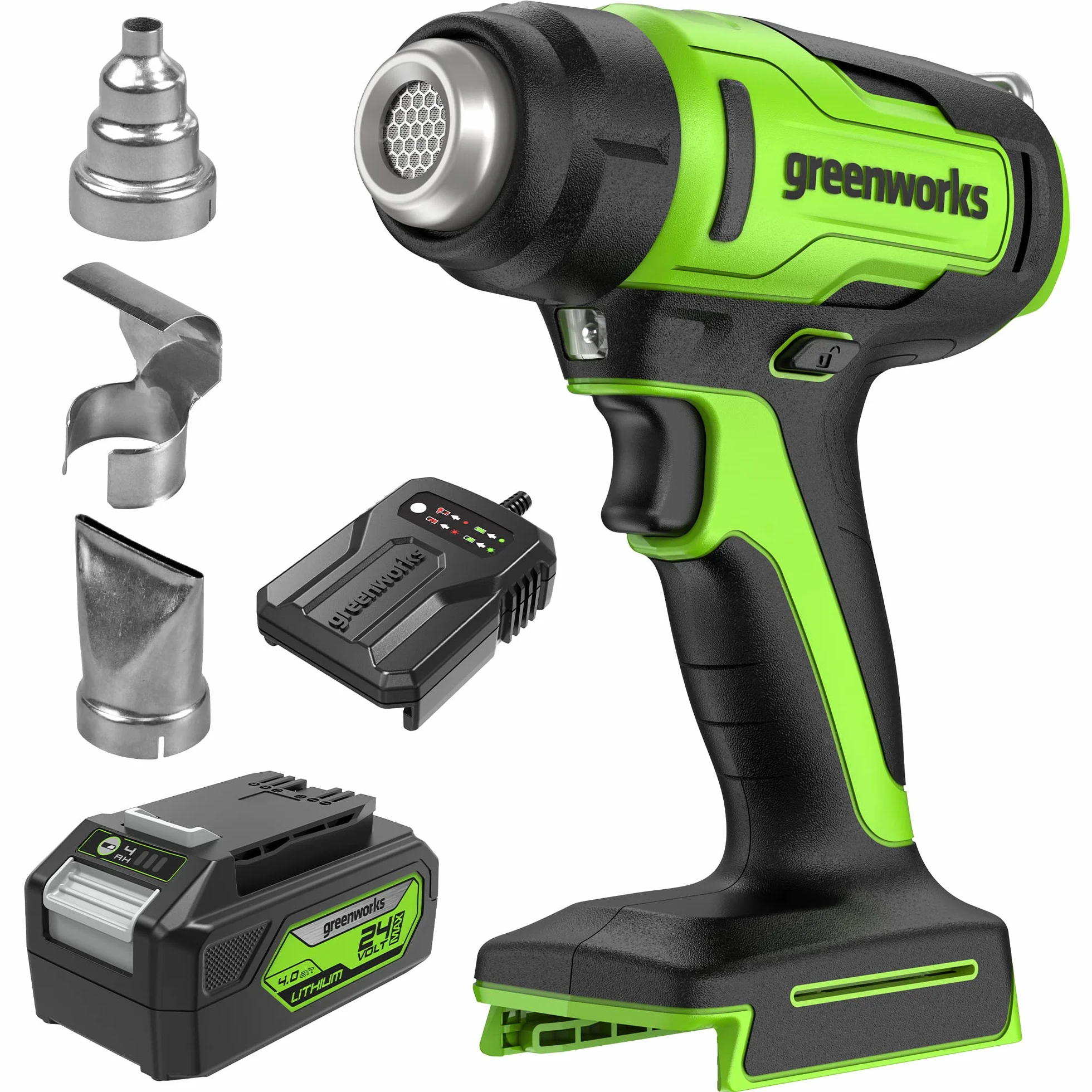 Greenworks Kit de pistola de calor inalámbrica de 24 V, batería de 4.0 Ah y cargador incluidos, herramienta de aire caliente, máximo a 1000 °F/538 ℃ con 3 boquillas para el hogar, garaje, al aire