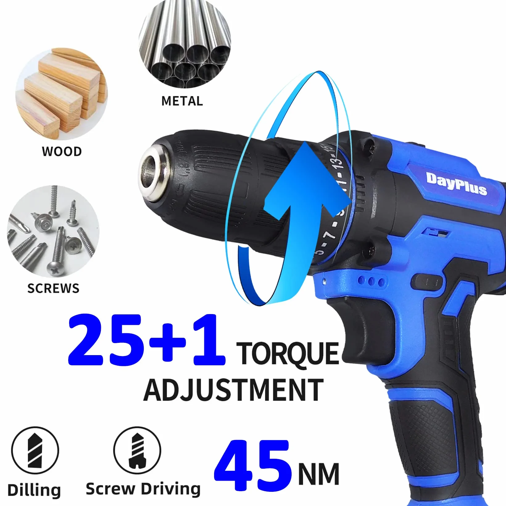 21V Taladro Atornillador Batería Kit, Taladro Atornillador Electrico con 2x1,5Ah Baterías, 26Pcs Kit Destornillador Eléctrico, 42Nm Máx Trompo de Bateria, 25+1 Ajuste de Par, 2 Velocidad, LED Luz