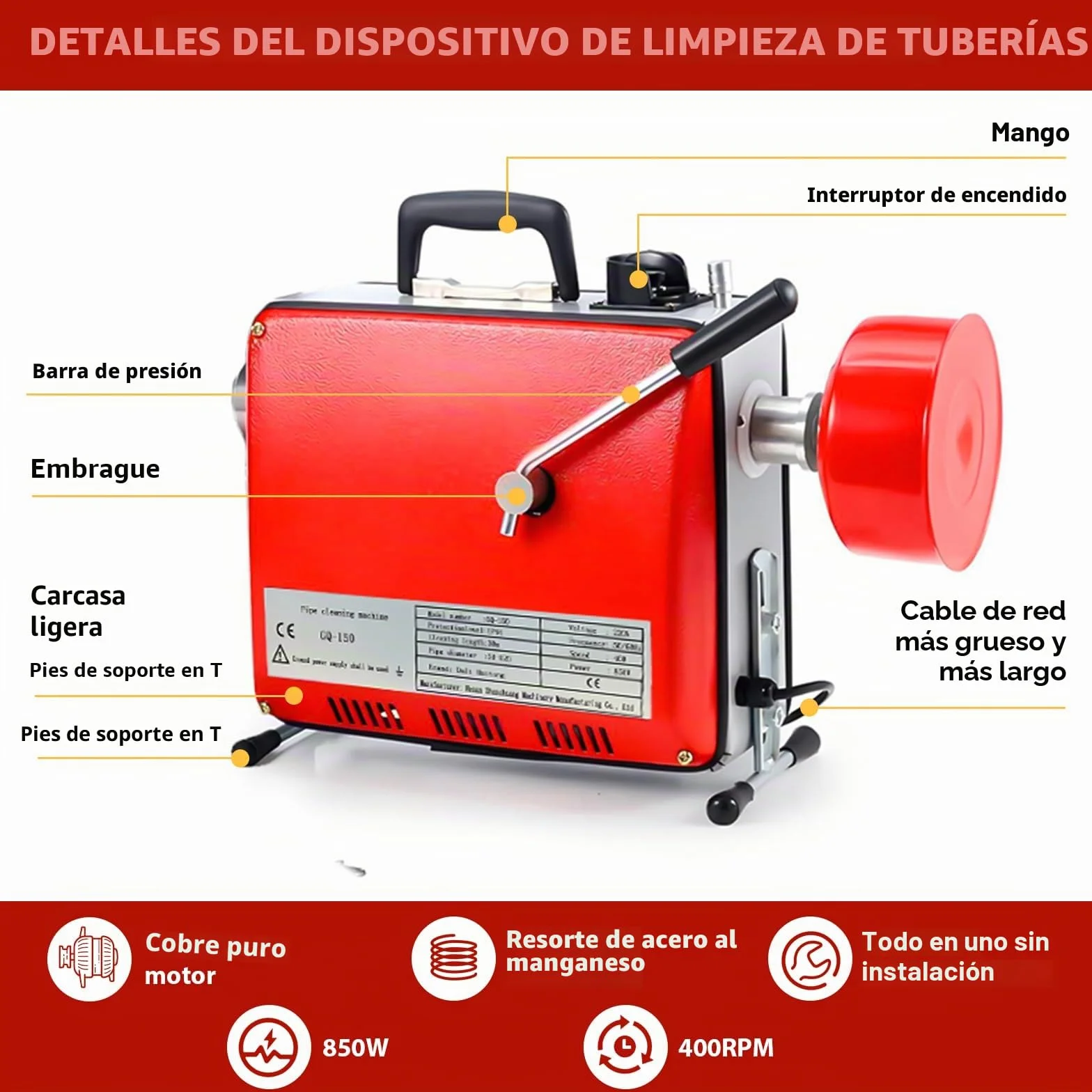850W Máquina de Limpieza de Tuberías, Limpiador de Desagües Eléctrico de 400 rpm, Desatascador Eléctrico de Tuberías con Espirales de 16mm y 10mm Adecuado para Tubos de Ø20-100mm 20M Spiralen