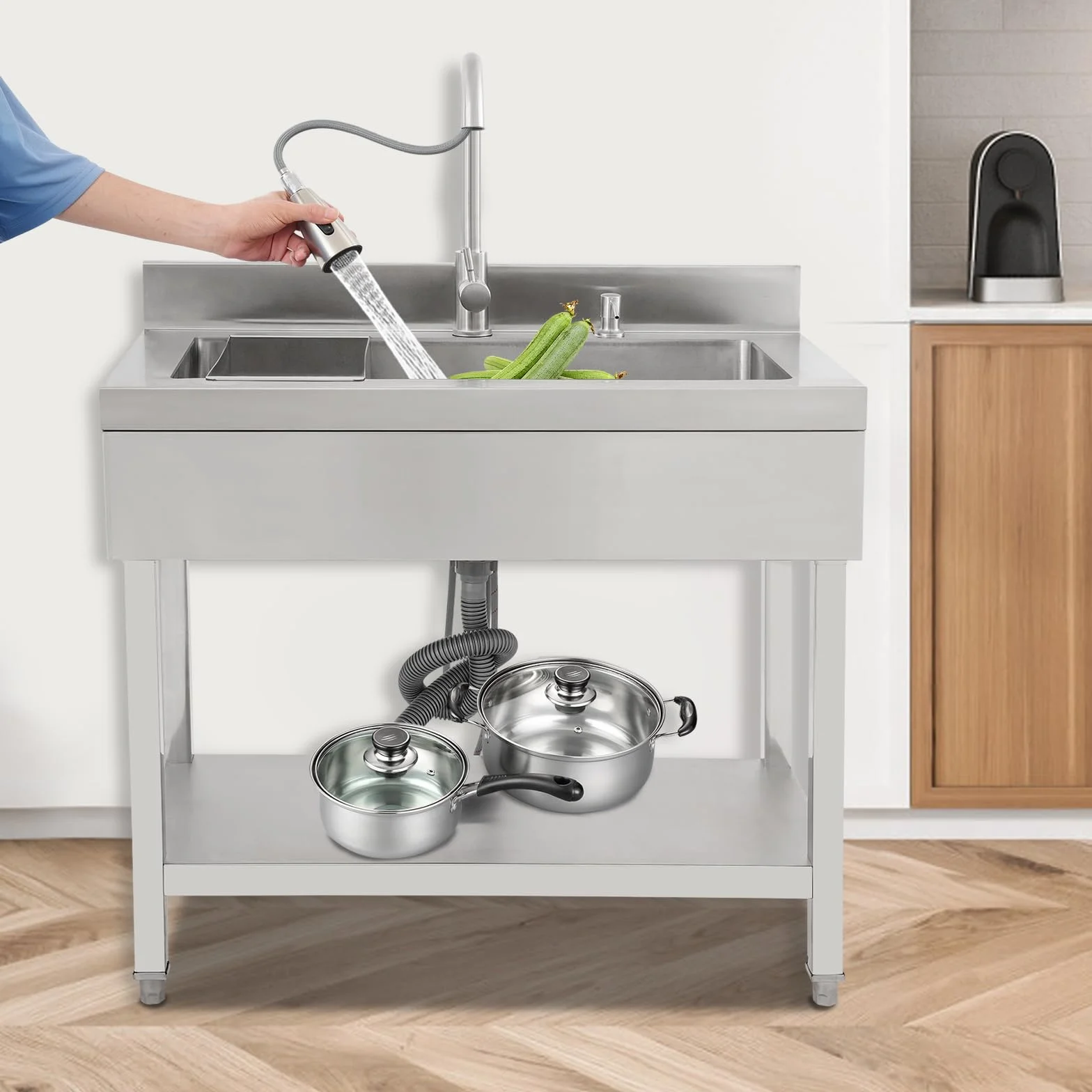 Lavando de acero inoxidable independiente, fregadero individual de cocina rectangular con pedestal, fregadero móvil para cocina, garaje, exterior(90x50x80 cm)