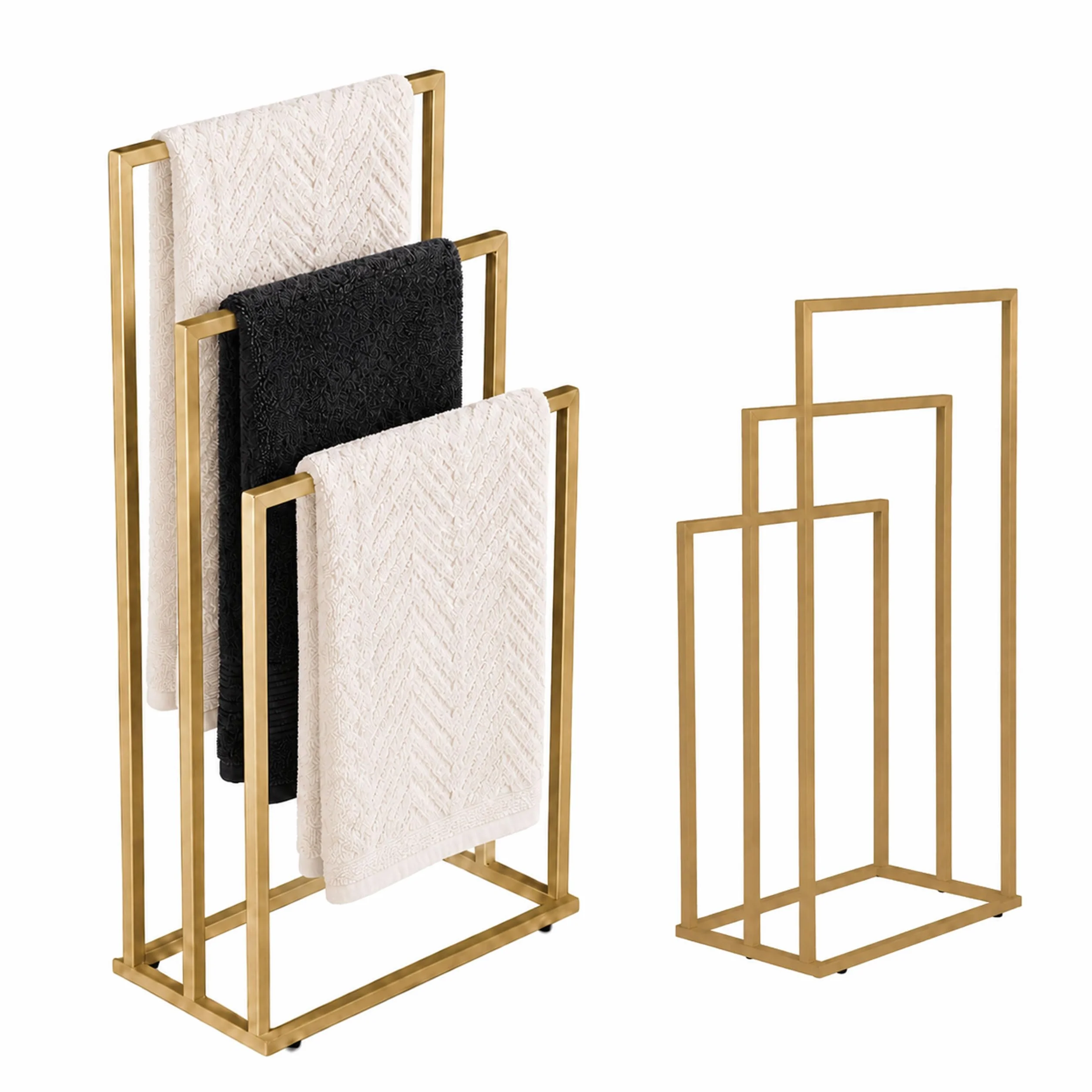 Toallero de pie de metal, moderno para baño, toallero de pie, soporte de baño con barras desplazadas, para baño, lavandería y spa (dorado, 3 barras)