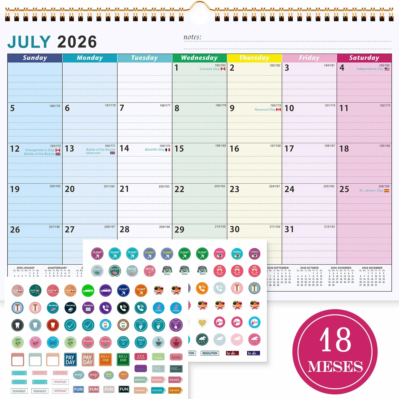Benjia Calendario de pared 18 meses Julio 2026 - Diciembre 2027, A4 planificador mensual escolar