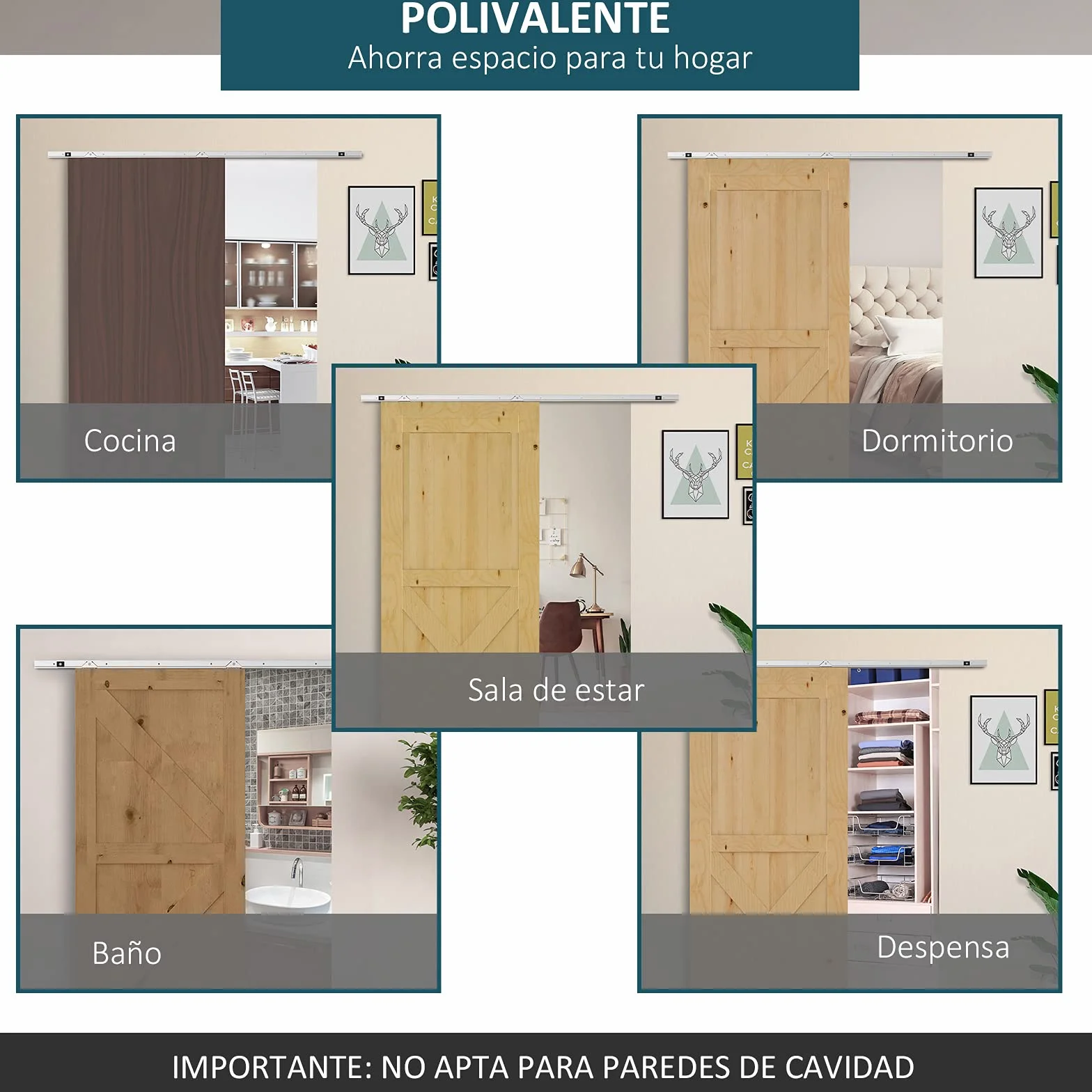 HOMCOM Herraje para Puerta Corredera 186 cm Kit de Accesorios para Puerta Corrediza de Madera con Riel de Metal y 2 Poleas Plateado