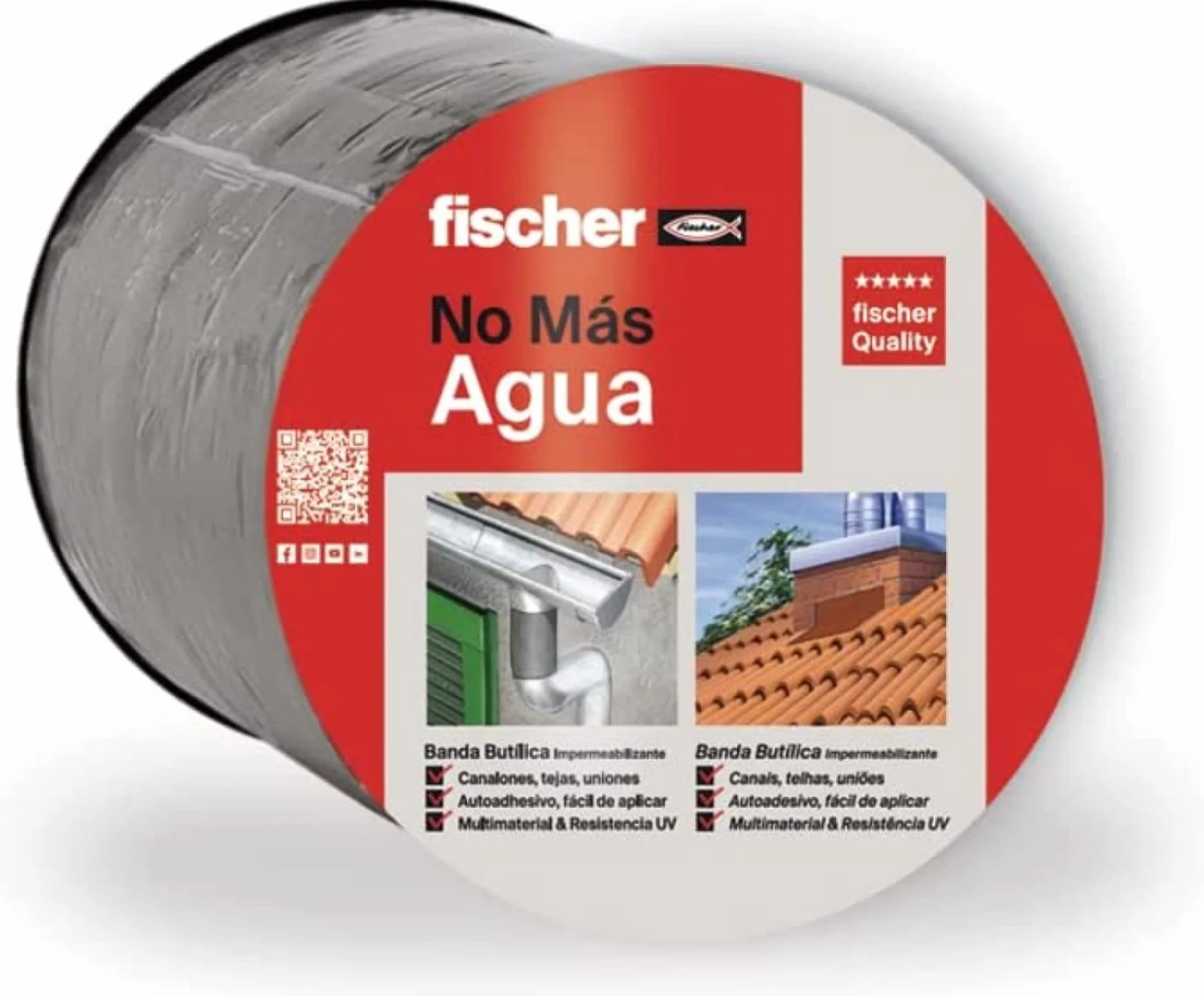 fischer - Cinta de Butilio Adhesiva | Impermeable, Resistente al Calor y Rayos UV | Sellado para Tejados, Ventanas, Chimeneas | Pintable con Pintura Impermeabilizante Transparente | 1 ud 10x10 | Gris
