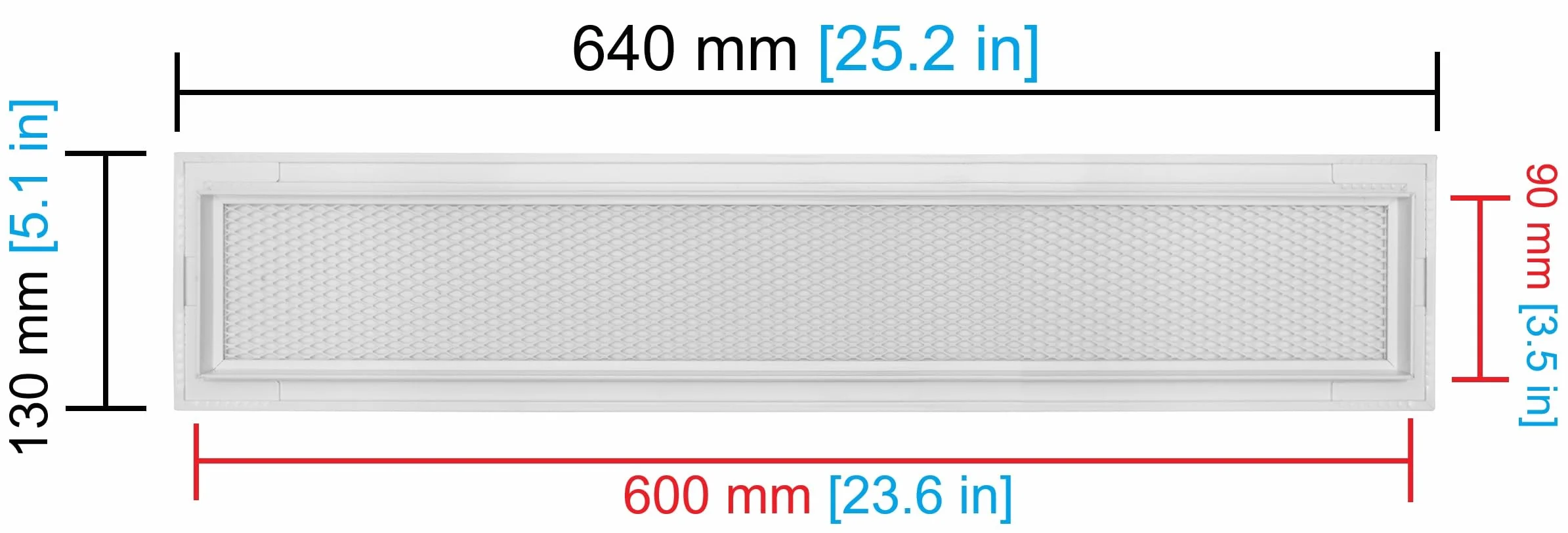 Rejilla de ventilación aluminio perforado con malla protectora – Blanco RAL 9016 – difusor aire caliente interior/exterior – rejilla lineal 60x9 cm.
