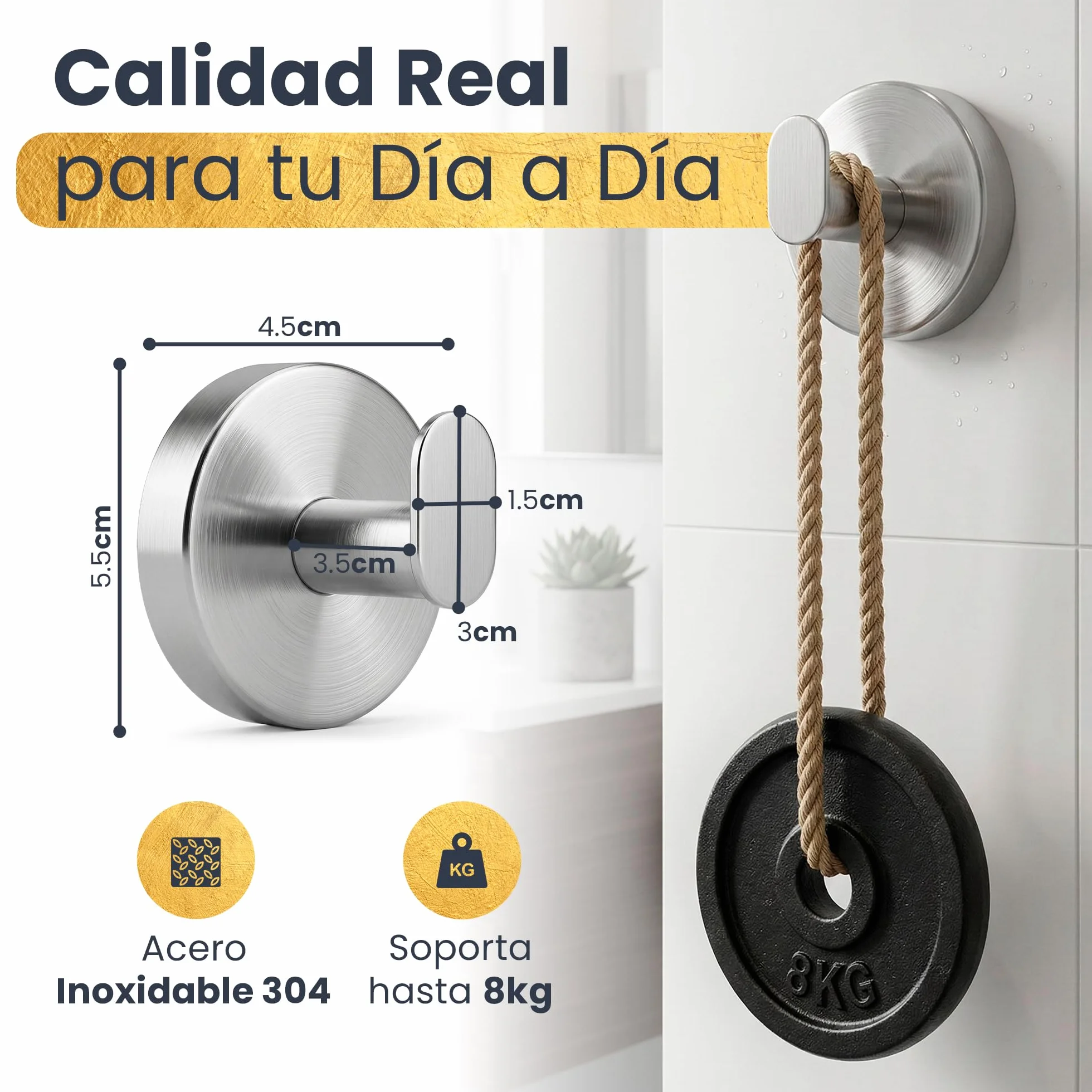 2 Toalleros de baño sin Taladro de Acero Inoxidable – Colgador Ventosa Resistente hasta 8 kg – Ideal Accesorios baño sin Taladro y Accesorios Cocina