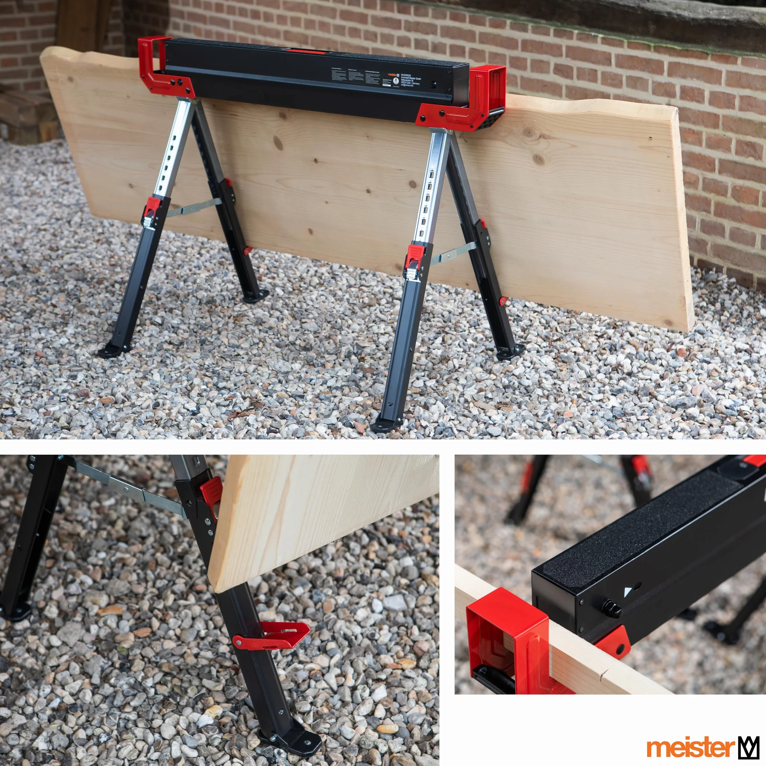 Meister 5258220 - Caballete plegable (300 kg, con asa, con superficie antideslizante, altura regulable de 52 a 81 cm, caballete con soporte antideslizante)