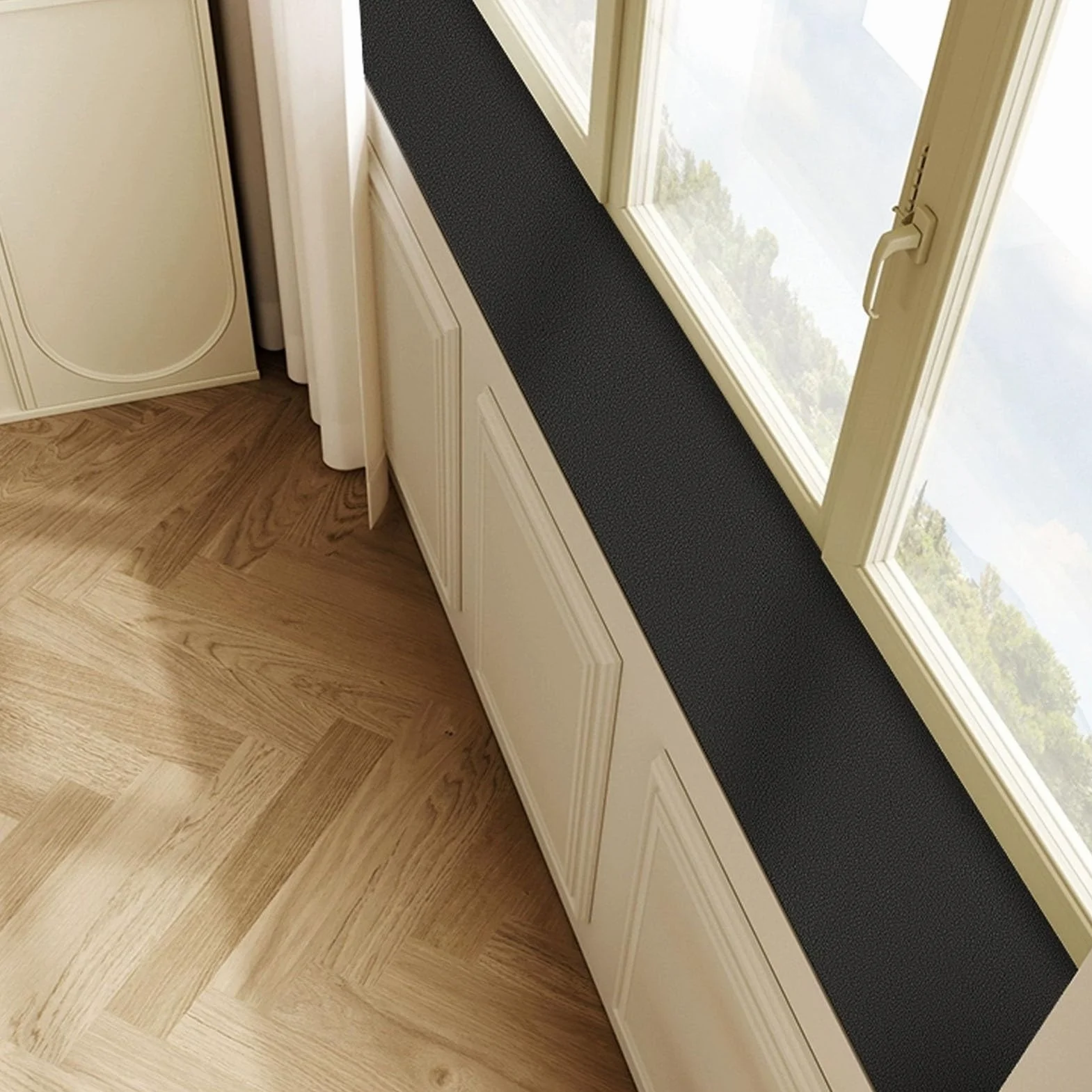 Tapete para Alféizar de Ventana Tapete de Cuero Sintético para Alféizar de Ventana Negro Impermeable Protector de Alféizar para Perros Gatos, Cojín Antideslizante(55x8in(140x20cm))
